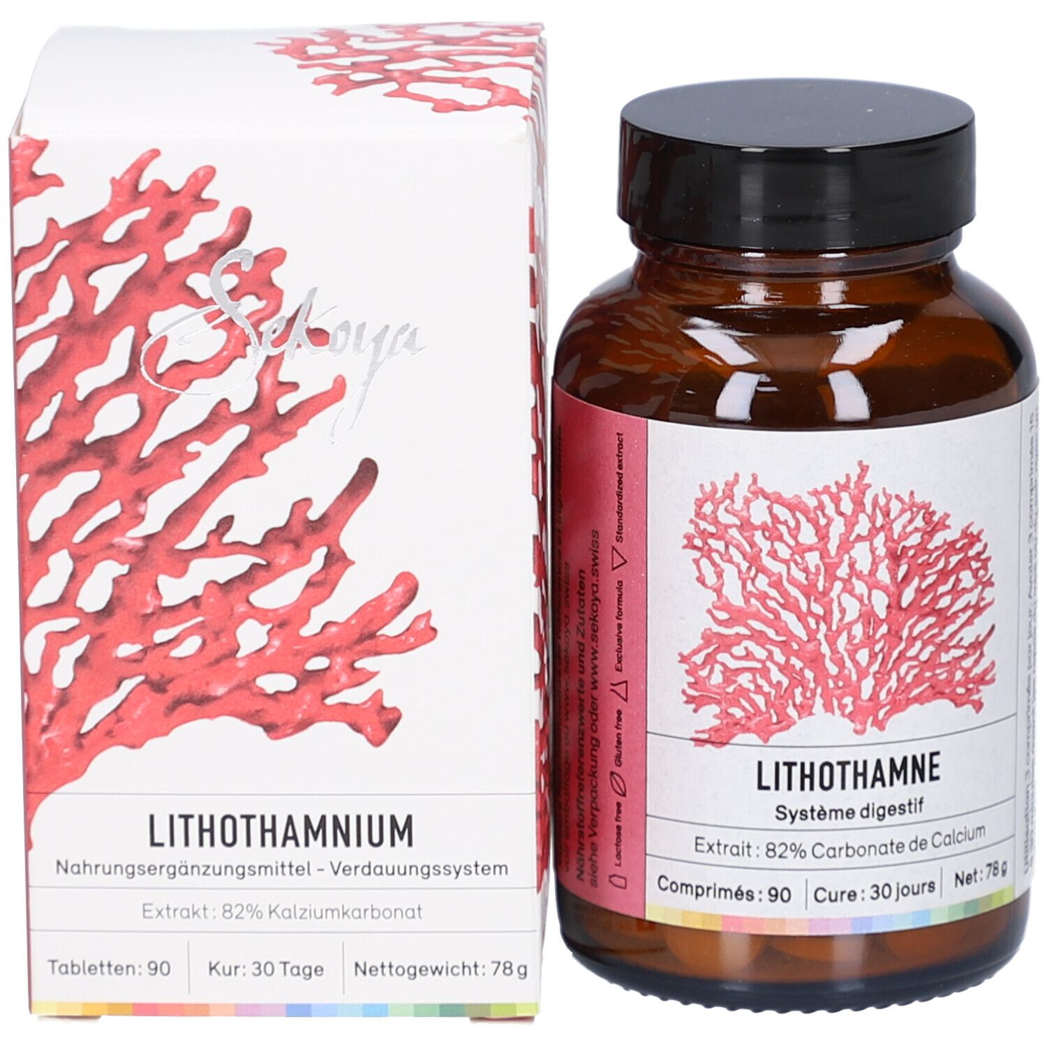 Braune Glasflasche und Schachtel. Schachtel mit roter Korallenzeichnung und Text: Sekoya, Lithothamnium, 90 Tabletten.