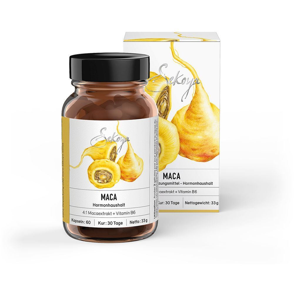 Braune Kapsel-Dose und Schachtel. Aufschrift: Sekoya, Maca, Hormonhaushalt, 4:1 Macaextrakt + Vitamin B6. 60 Kapseln, 30 Tage Kur.