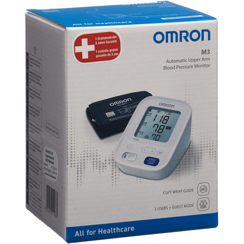 Blutdruckmessgerät-Verpackung. OMRON M3, Manschette und Gerät abgebildet. Display zeigt Werte. Garantie-Hinweis.