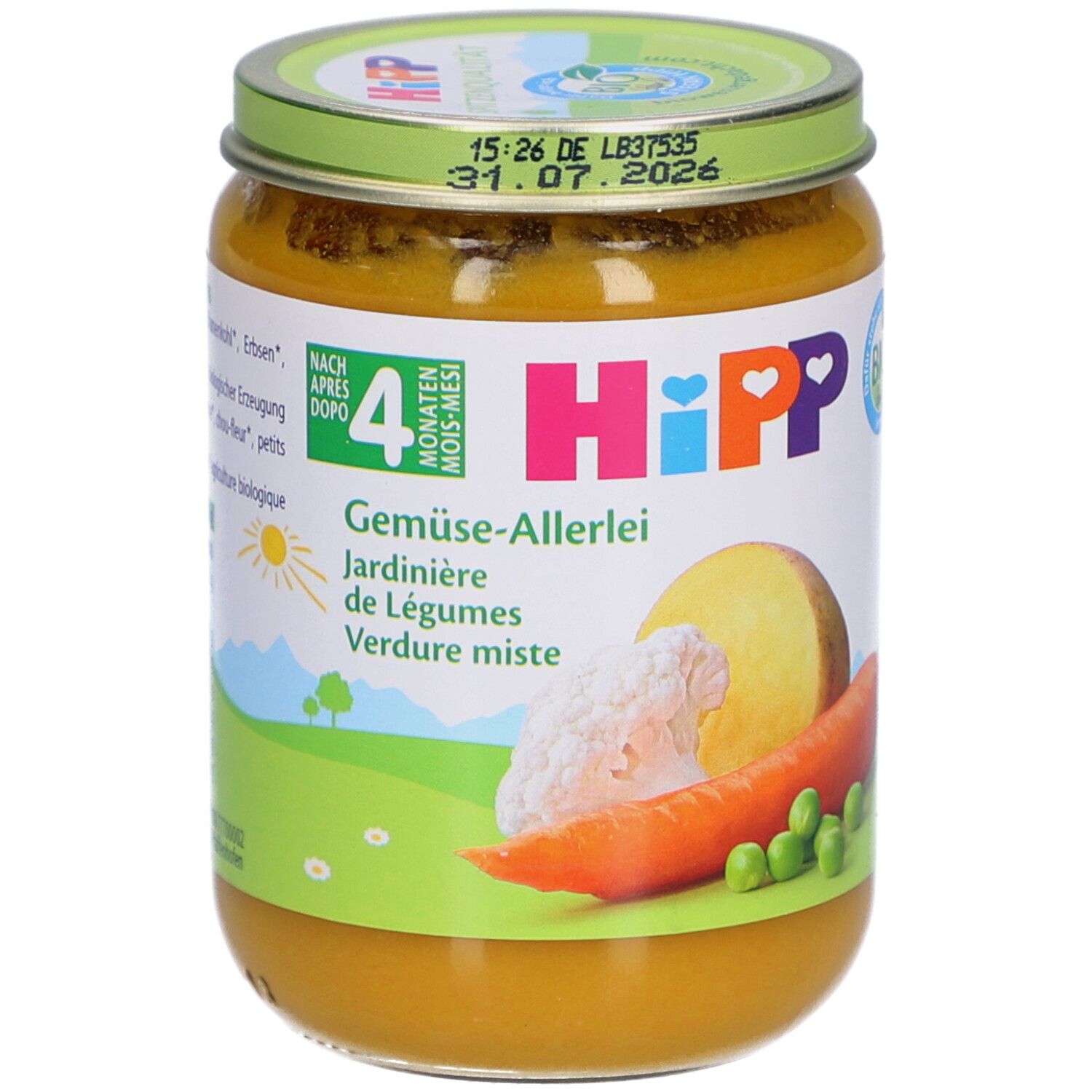 Glas mit HiPP Bio-Gemüse-Allerlei für Babys ab 4 Monaten. Etikett mit Gemüse-Illustrationen und Bio-Siegel.