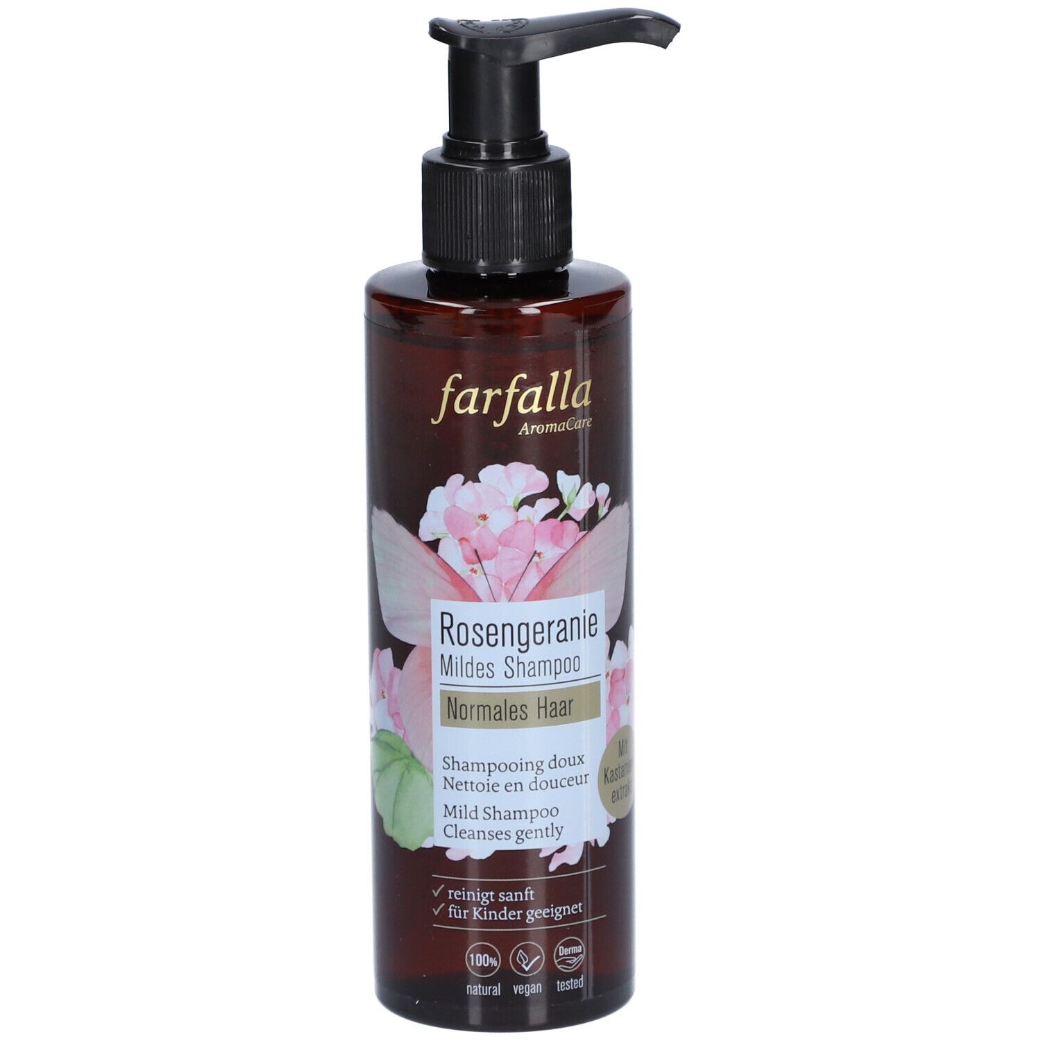 Braune Flasche mit schwarzem Pumpkopf. Aufschrift: Farfalla Rosengeranie Mildes Shampoo. Mit Blütenmotiv.