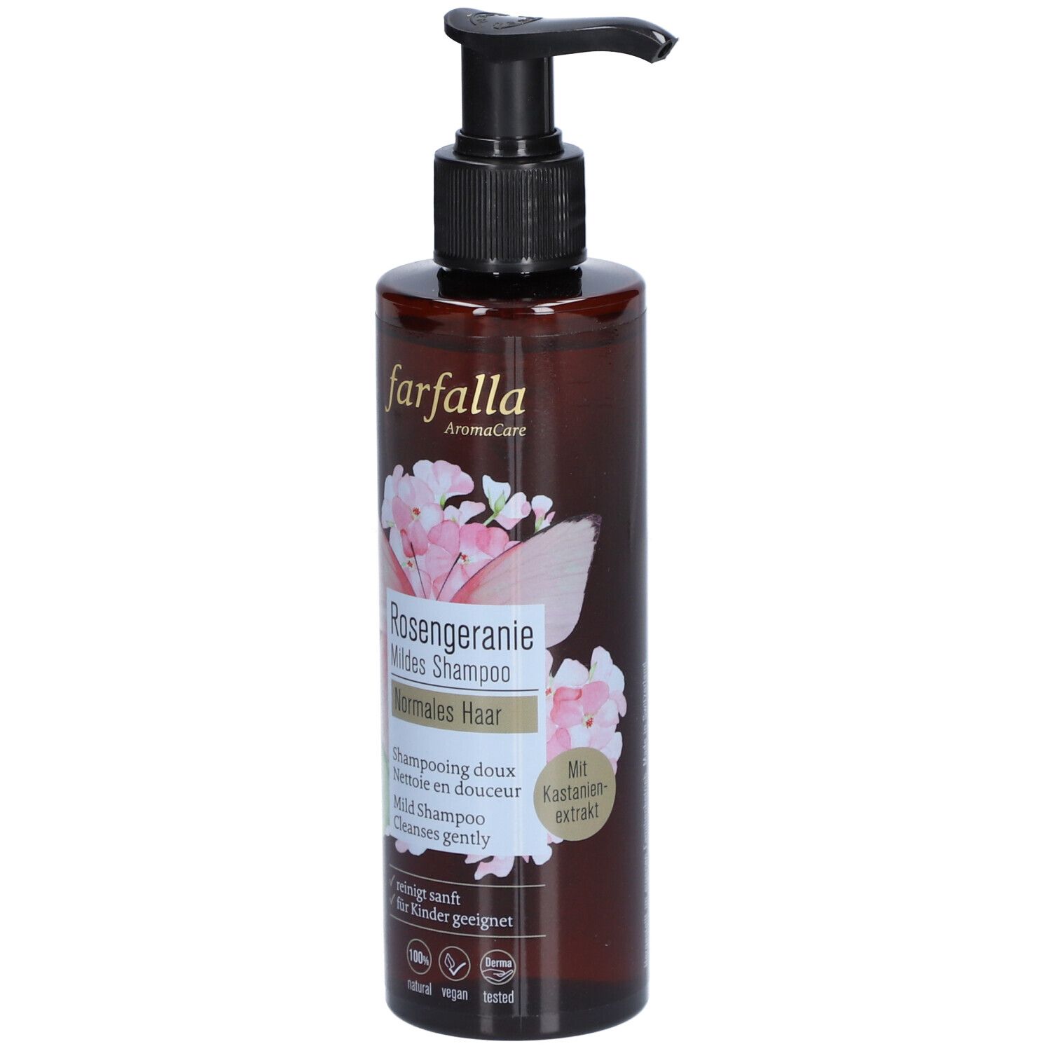 Braune Flasche mit schwarzem Pumpkopf. Aufschrift: Farfalla Rosengeranie Mildes Shampoo. Mit Blütenmotiv.