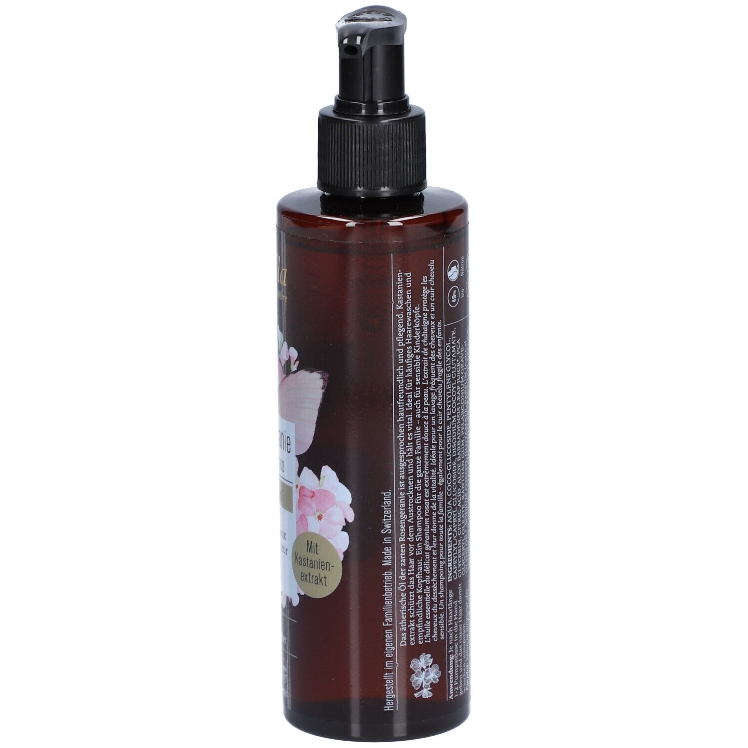Braune Flasche mit schwarzem Pumpkopf. Aufschrift: Farfalla Rosengeranie Mildes Shampoo. Mit Blütenmotiv und Kastanienextrakt.