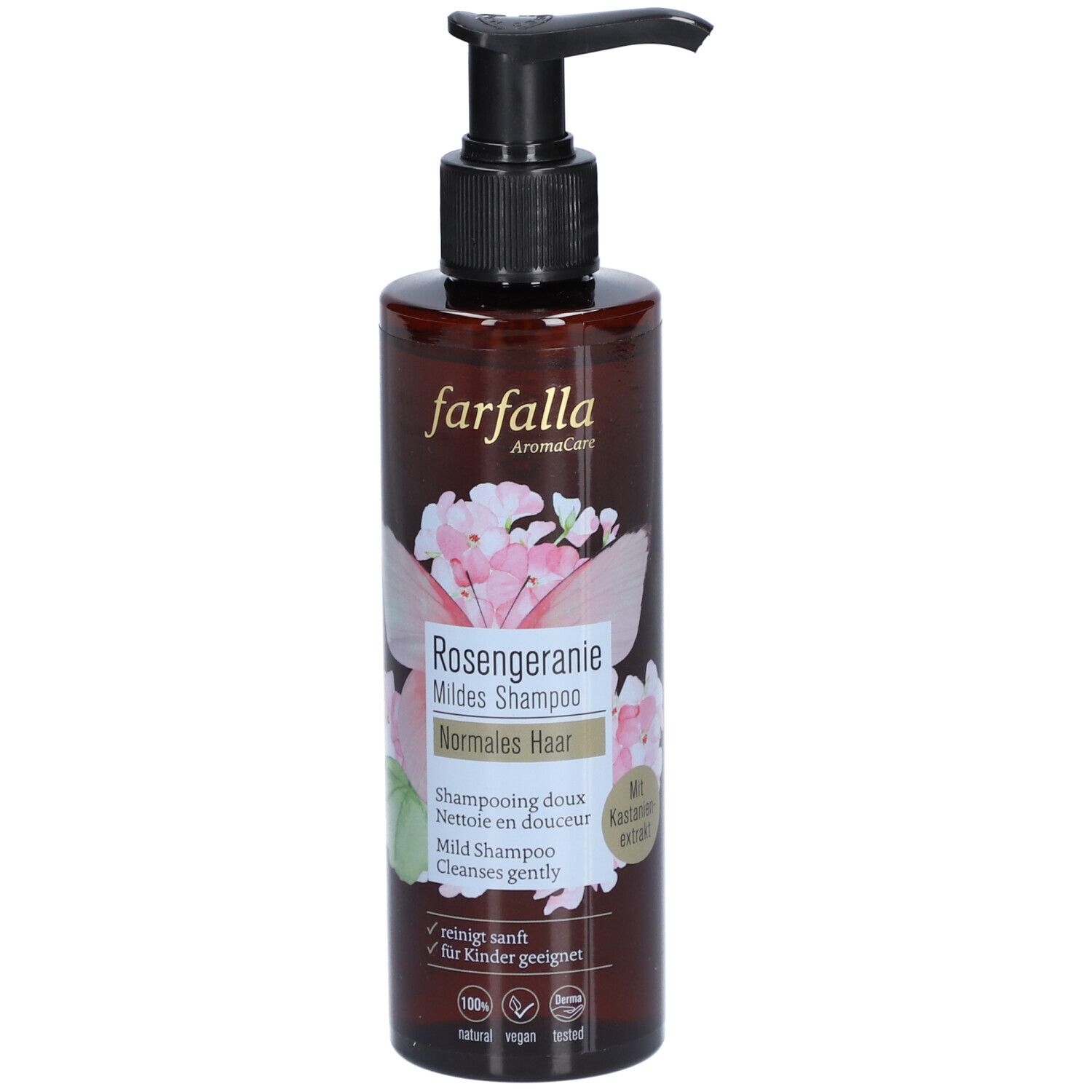 Braune Flasche mit schwarzem Pumpkopf. Aufschrift: Farfalla Rosengeranie Mildes Shampoo. Mit Blütenmotiv und Kastanienextrakt.