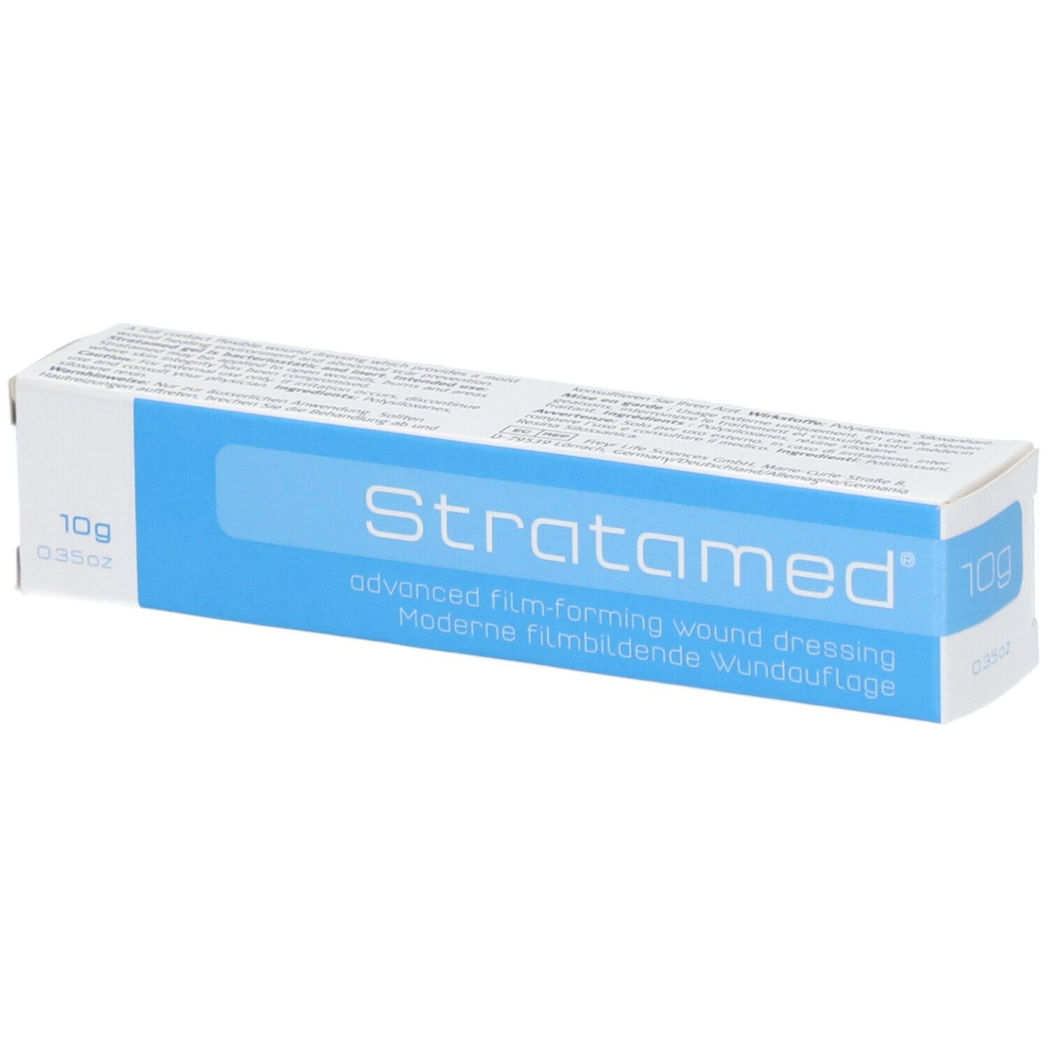 Schachtel mit "Stratamed"-Schriftzug. Blaue Fläche mit Produktbezeichnung. 10g Packung.
