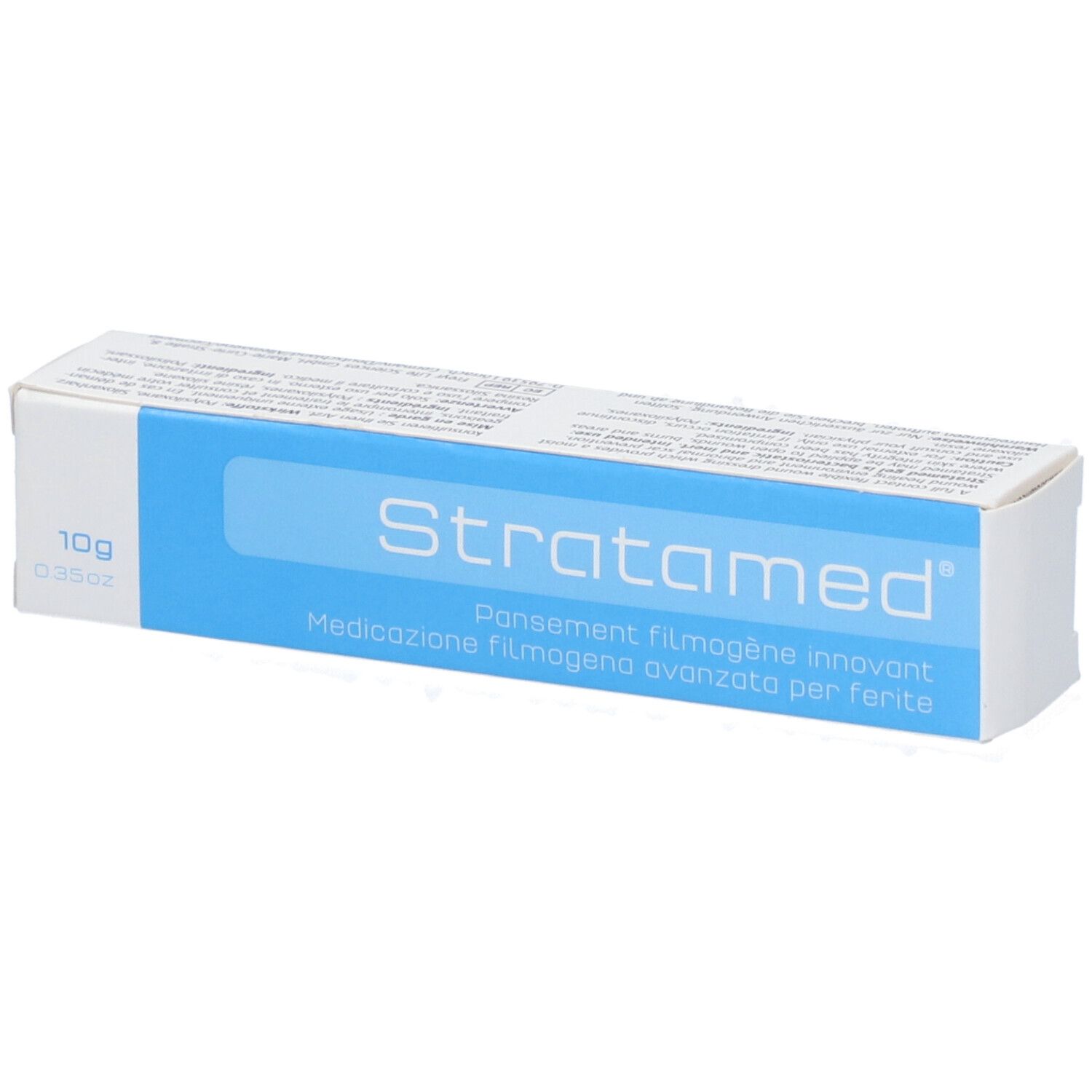 Schachtel "Stratamed", blaue Fläche mit Produktbezeichnung. 10g Packung.