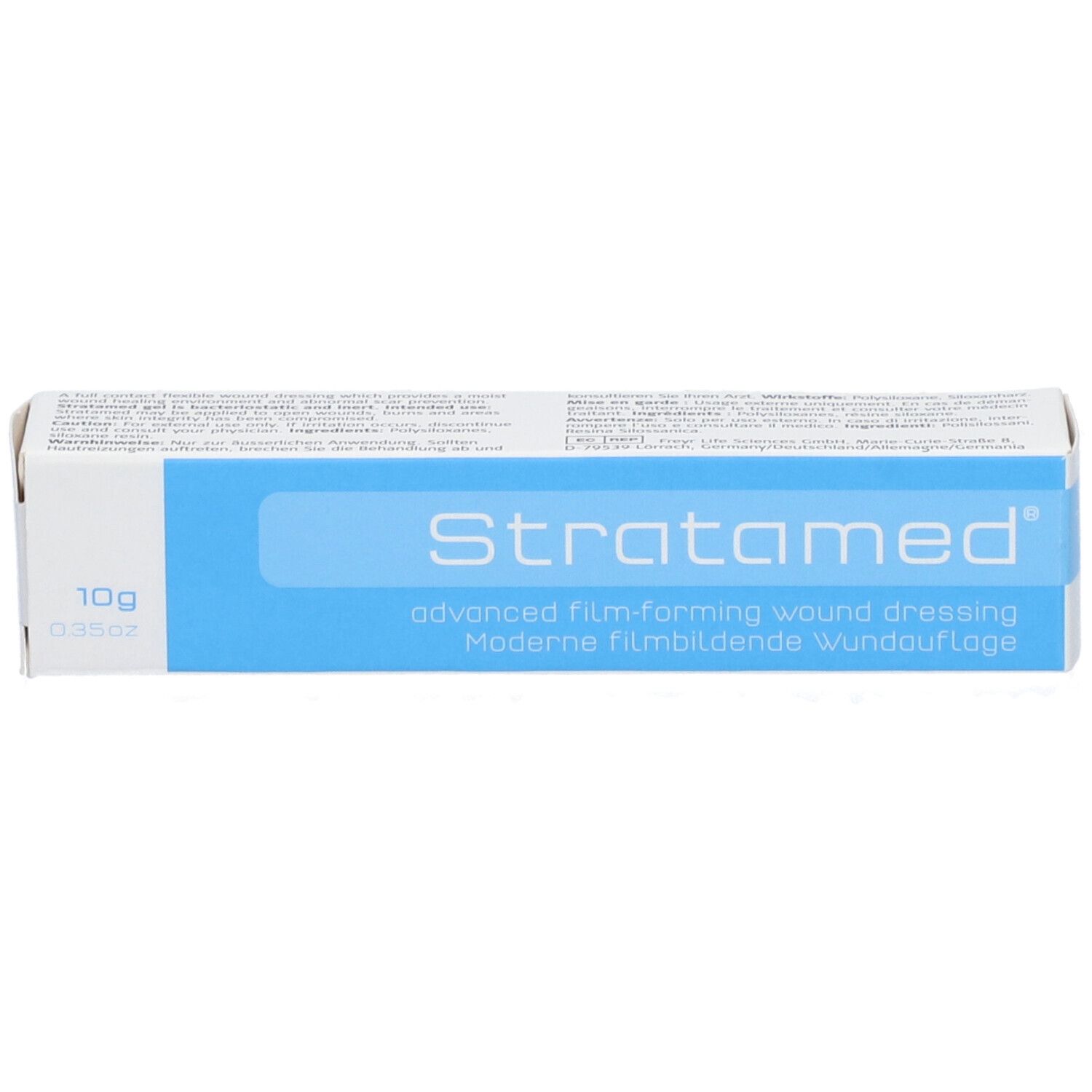 Schachtel "Stratamed", blaue Fläche mit Produktbezeichnung. 10g Packung.
