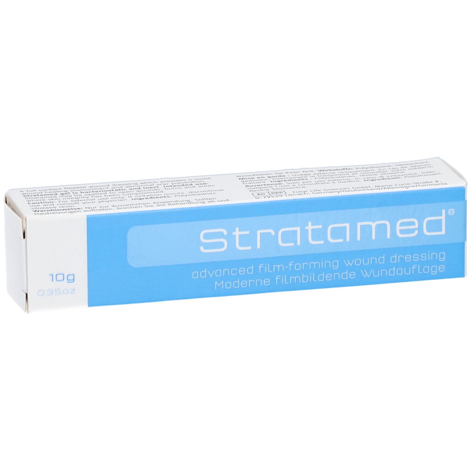 Schachtel "Stratamed", blaue Fläche mit Produktbezeichnung. 10g Packung.