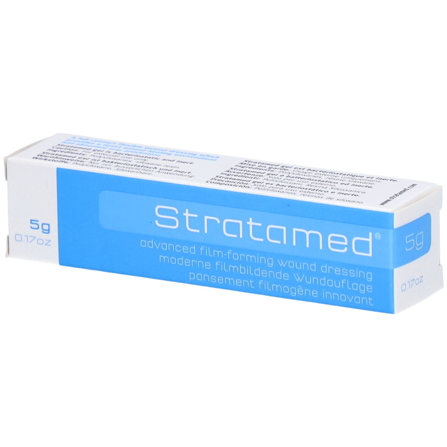 Verpackung von Stratamed. Blaue und weiße Schachtel mit Produktnamen und Inhaltsangabe.