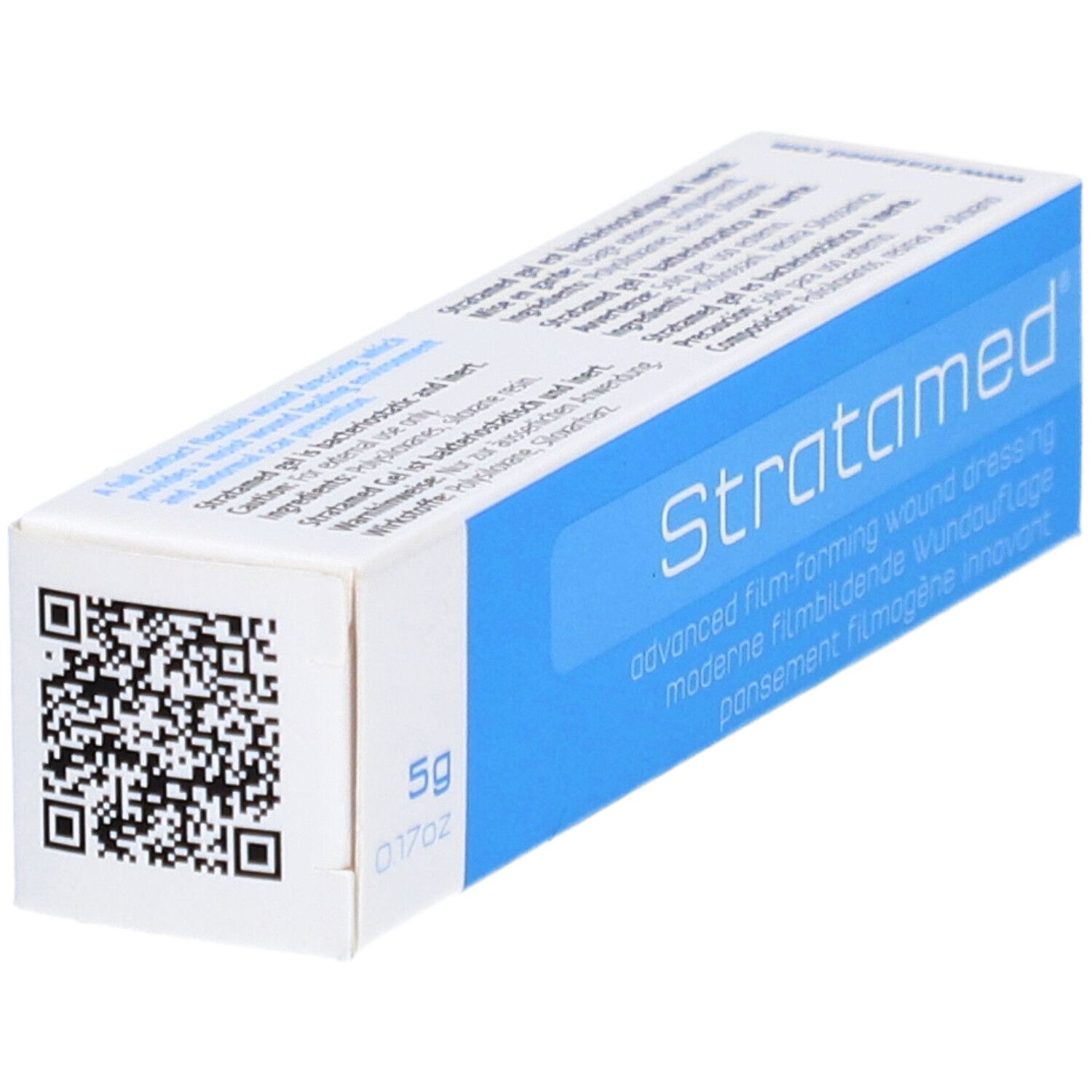 Verpackung von Stratamed. Blaue und weiße Schachtel mit QR-Code und Produktinformationen.
