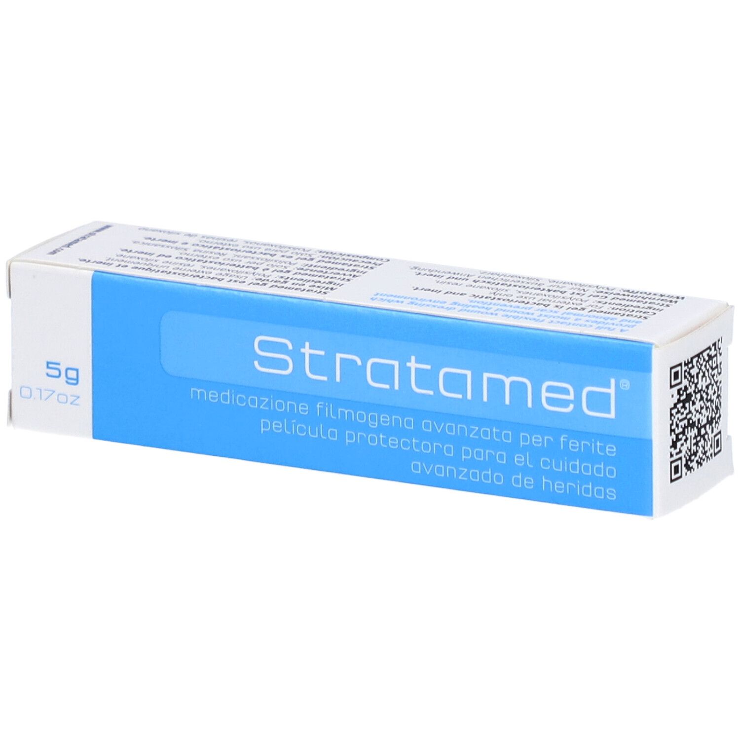 Verpackung von Stratamed. Blaue und weiße Schachtel mit Produktnamen und Inhaltsangabe.