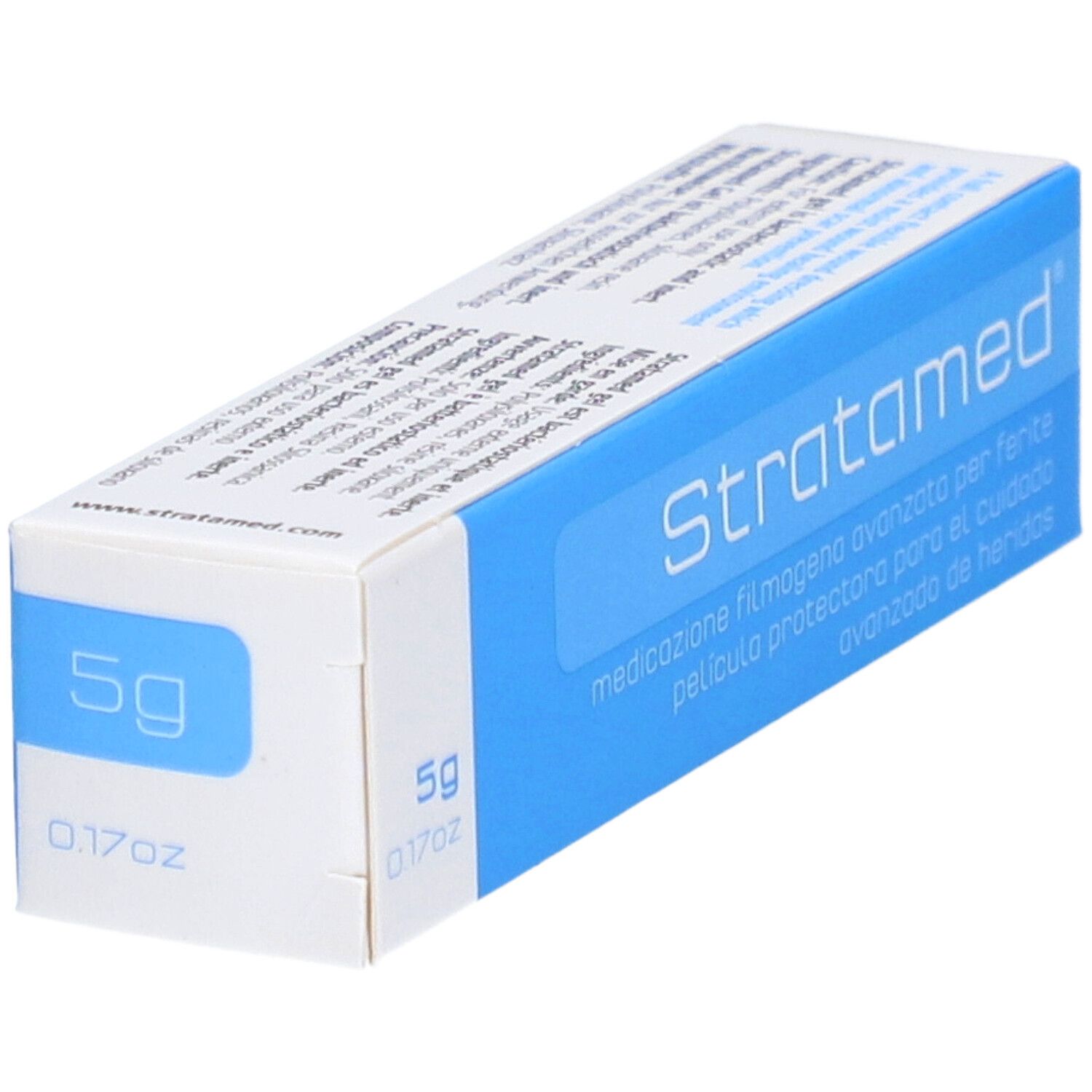 Verpackung von Stratamed. Blaue und weiße Schachtel mit Produktnamen und Inhaltsangabe.