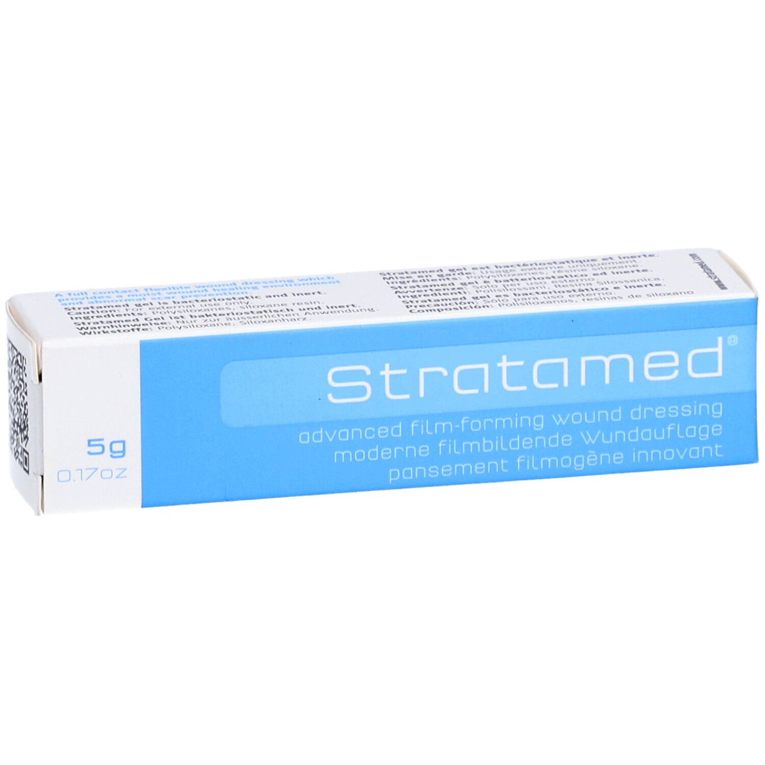 Verpackung von Stratamed. Blaue und weiße Schachtel mit Produktnamen und Inhaltsangabe.