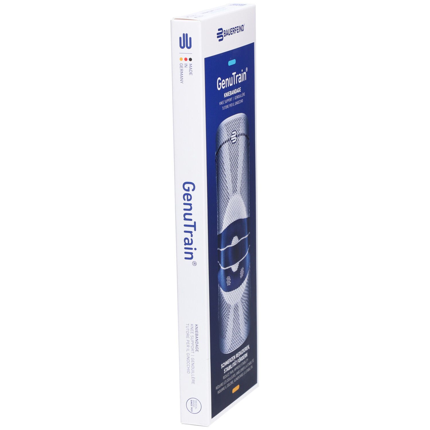 Schmale Verpackung der Kniebandage. Marke Bauerfeind, Modell GenuTrain. Blaue und weiße Elemente. Made in Germany.