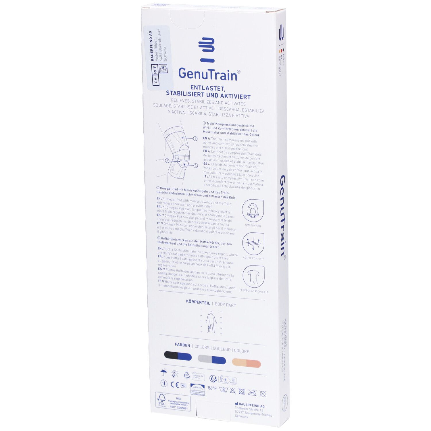 Rückseite der Verpackung. Kniebandage GenuTrain. Text: Entlastet, stabilisiert und aktiviert. Farboptionen. Piktogramme.
