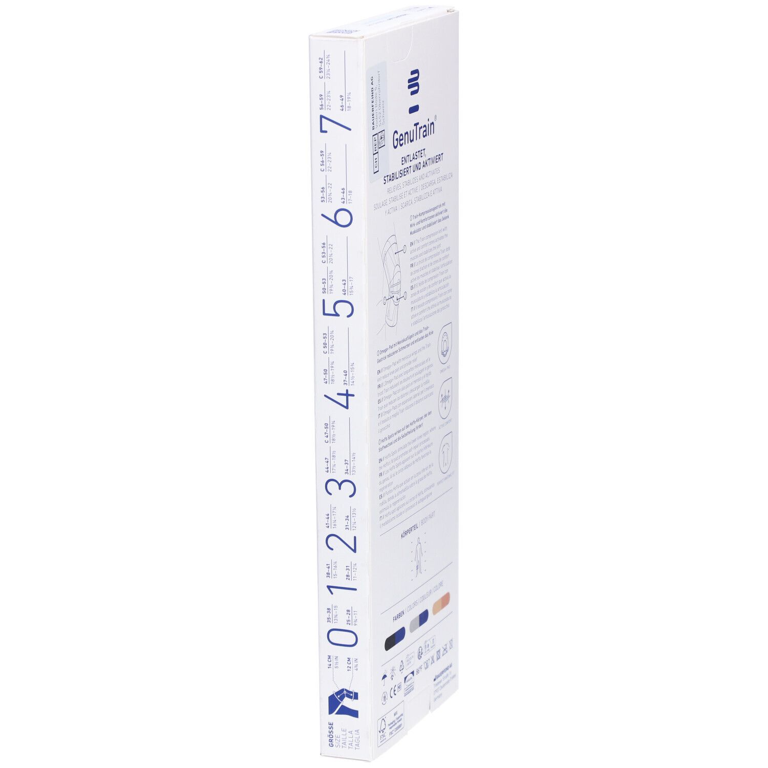 Schmale Verpackung, Rückseite. Kniebandage GenuTrain. Text: Entlastet, stabilisiert und aktiviert. Maße.