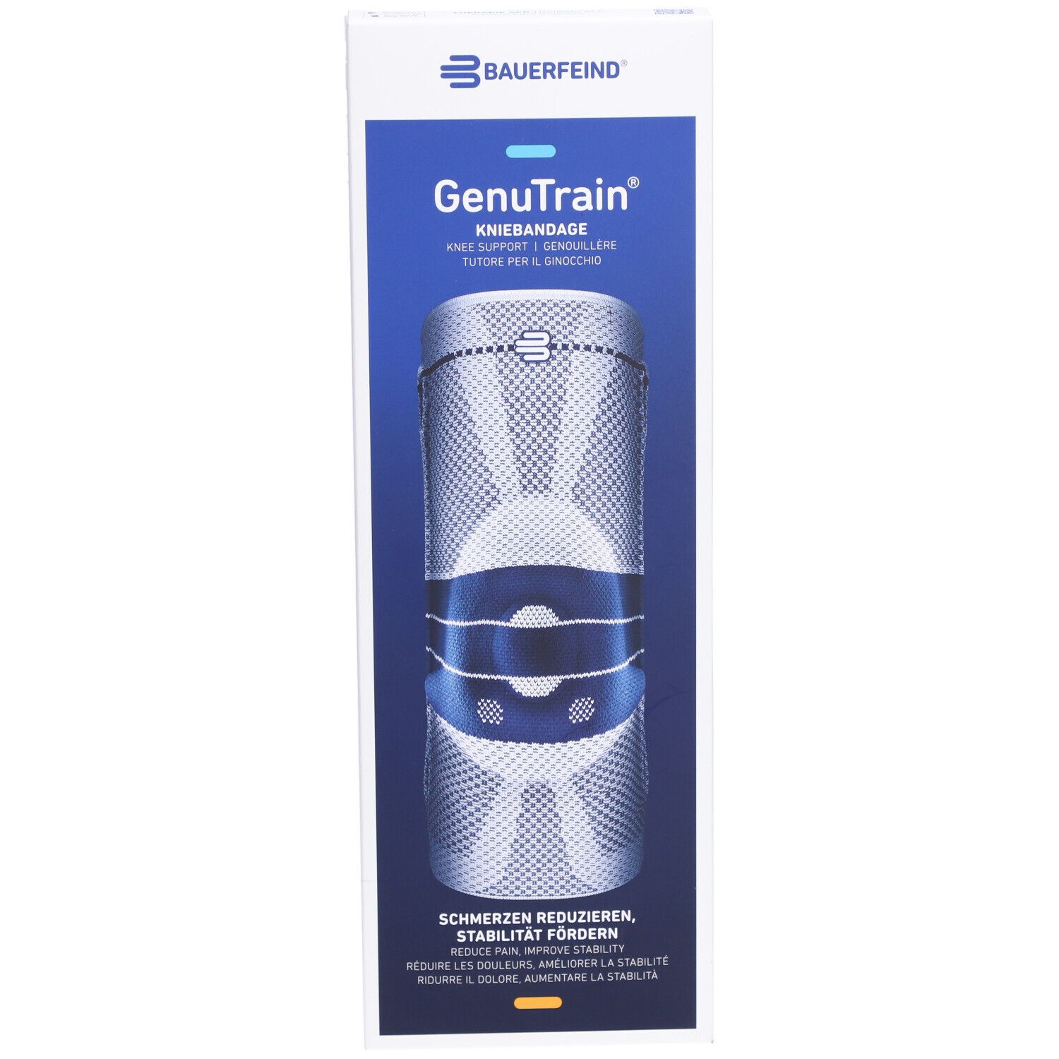 Kniebandage in Verpackung. Marke Bauerfeind, Modell GenuTrain. Blaue und weiße Elemente. Text: Schmerzen reduzieren, Stabilität fördern.