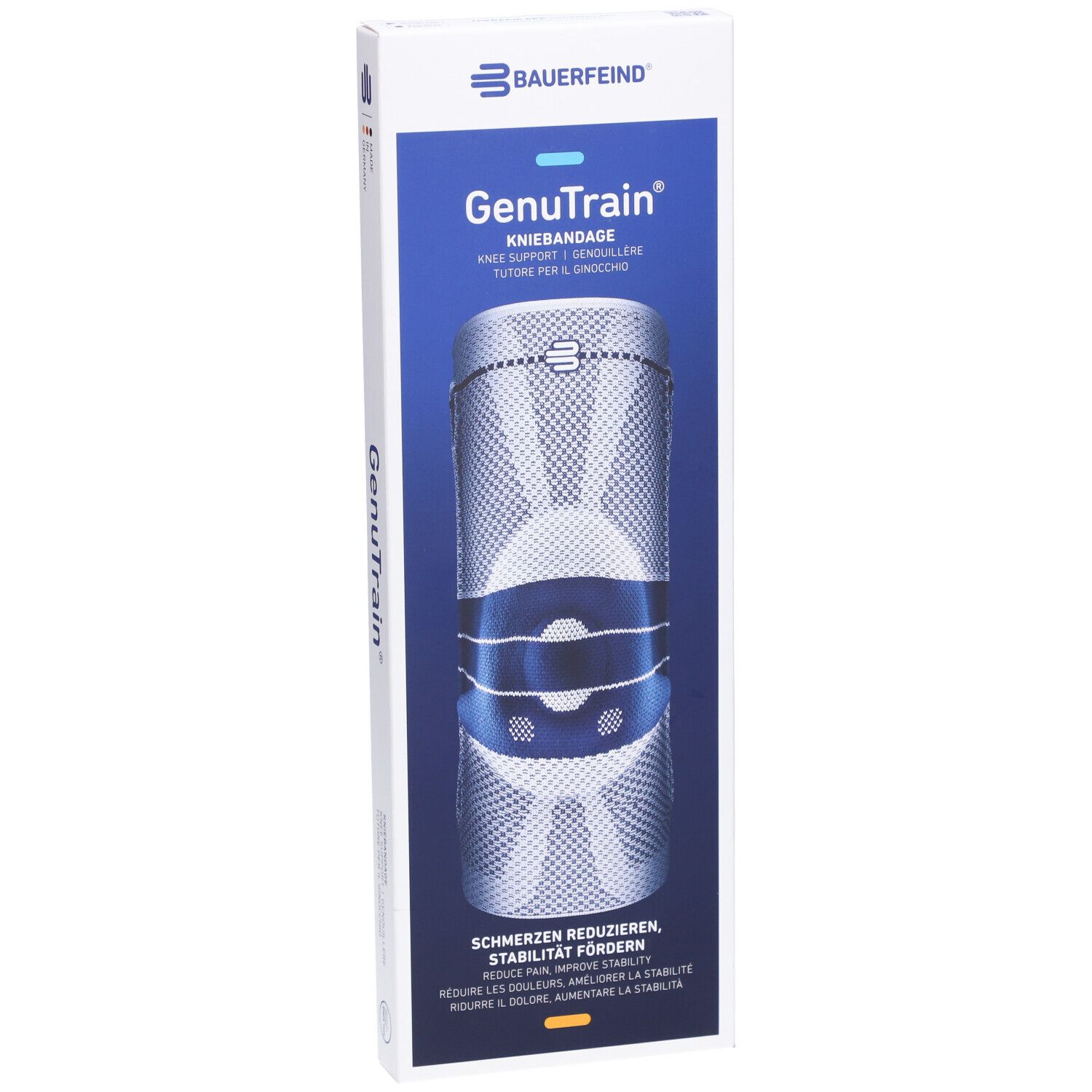 Kniebandage in Verpackung. Marke Bauerfeind, Modell GenuTrain. Blaue und weiße Elemente. Text: Schmerzen reduzieren, Stabilität fördern.