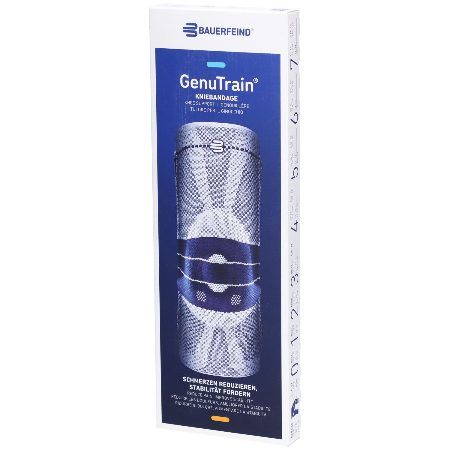 Verpackung der Kniebandage GenuTrain von Bauerfeind. Produkt in der Verpackung sichtbar. Blaue und weiße Farbtöne.