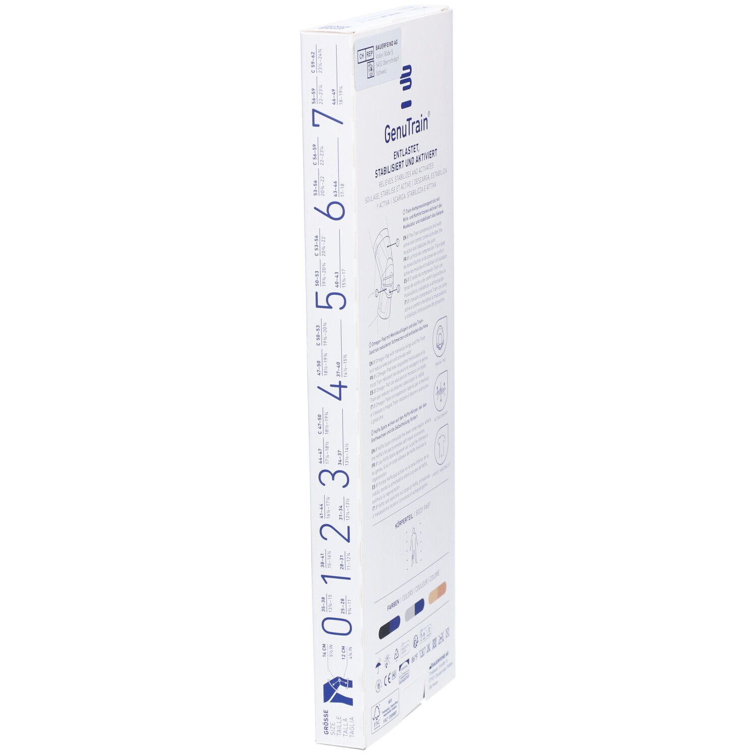 Schmale Rückseite der Verpackung der Kniebandage GenuTrain. Produktinformationen und Illustrationen. Blaue, weiße und graue Farbtöne.