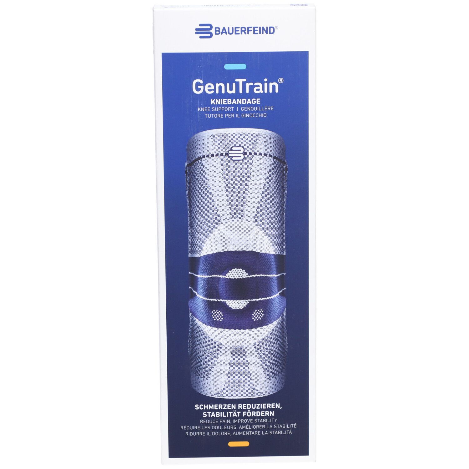 Verpackung der Kniebandage GenuTrain von Bauerfeind. Produkt in der Verpackung sichtbar. Blaue und weiße Farbtöne.