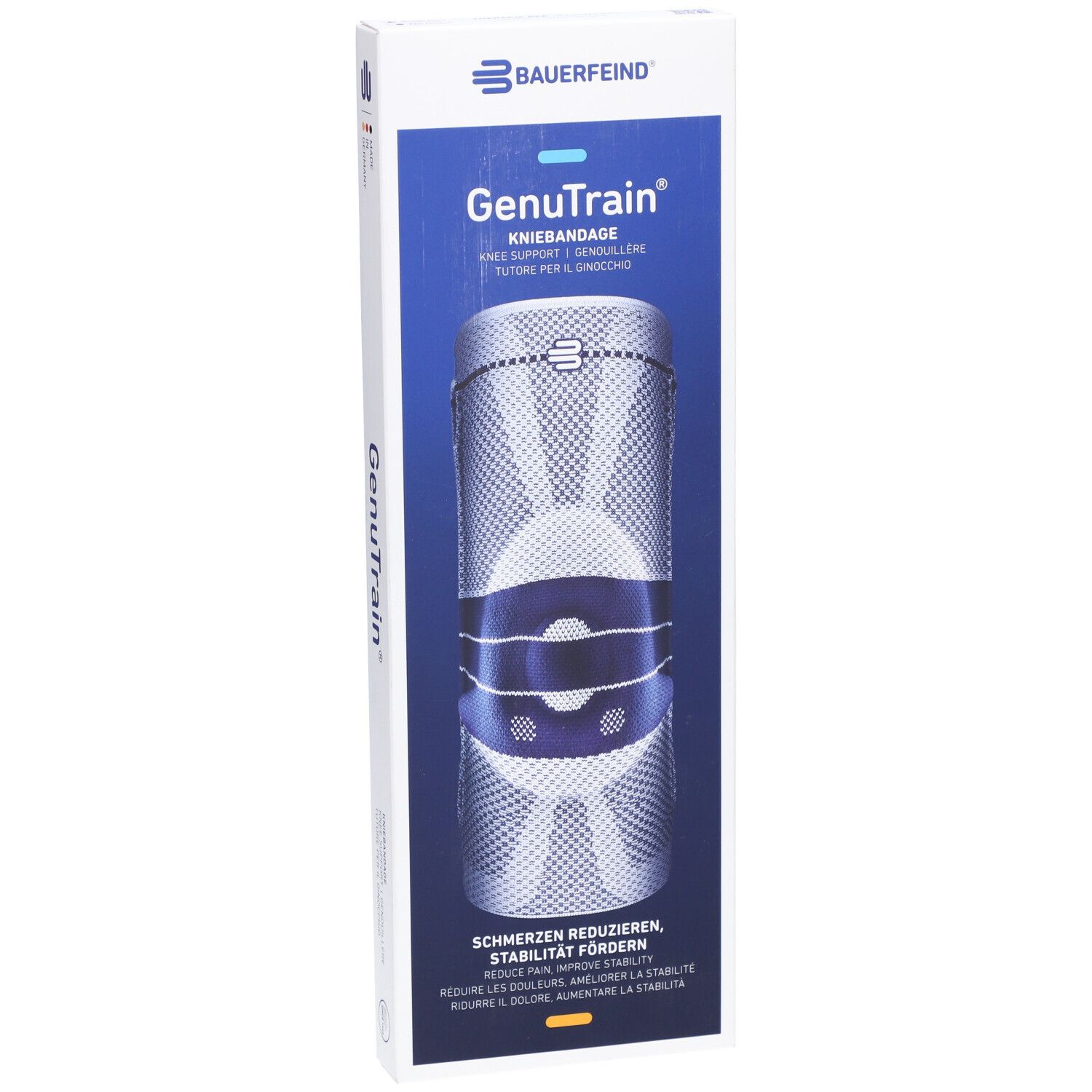 Verpackung der Kniebandage GenuTrain von Bauerfeind. Produkt in der Verpackung sichtbar. Blaue und weiße Farbtöne.