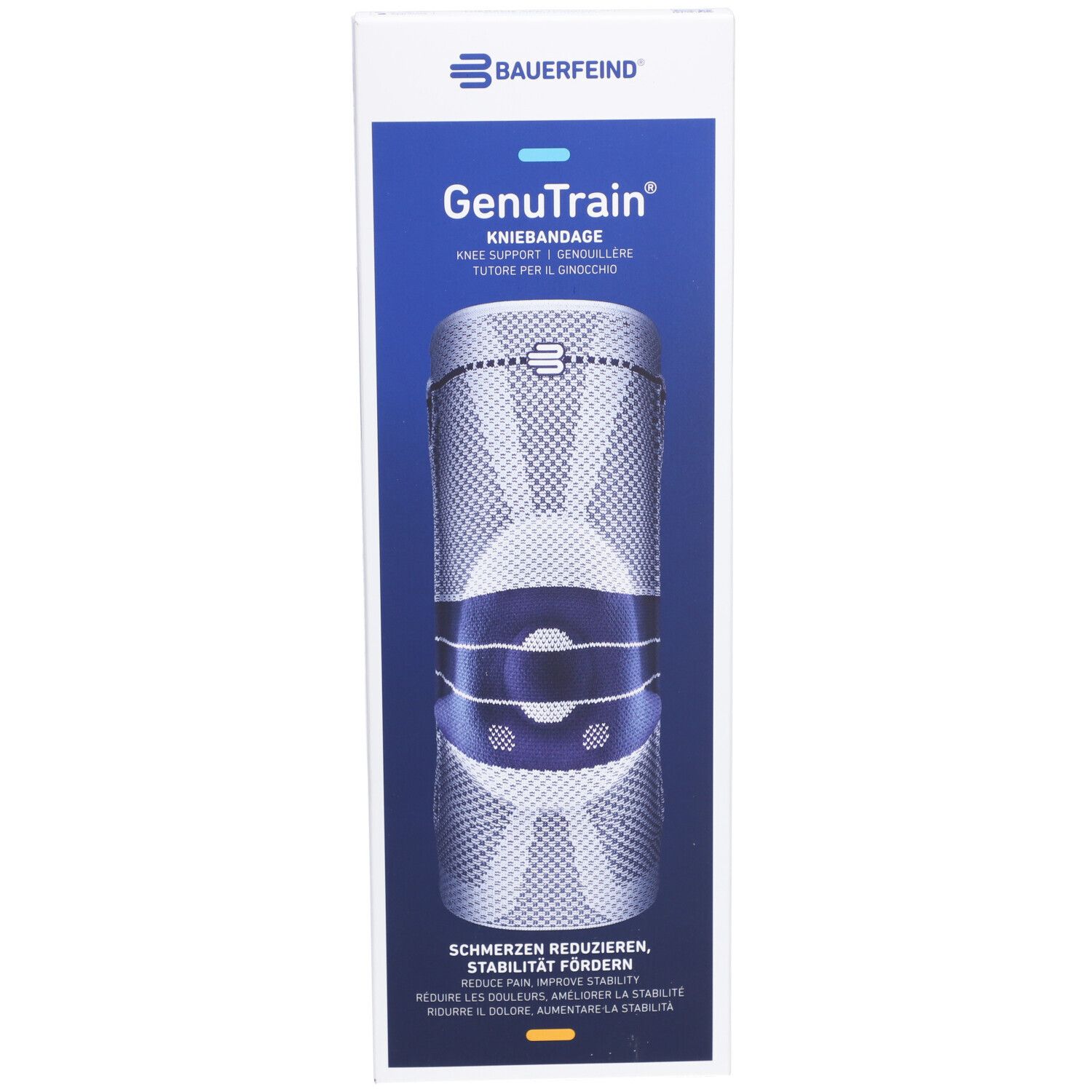 Bande de genou Bauerfeind GenuTrain dans son emballage. Beige, design bleu. Image du produit avec texte: Réduire la douleur, favoriser la stabilité.