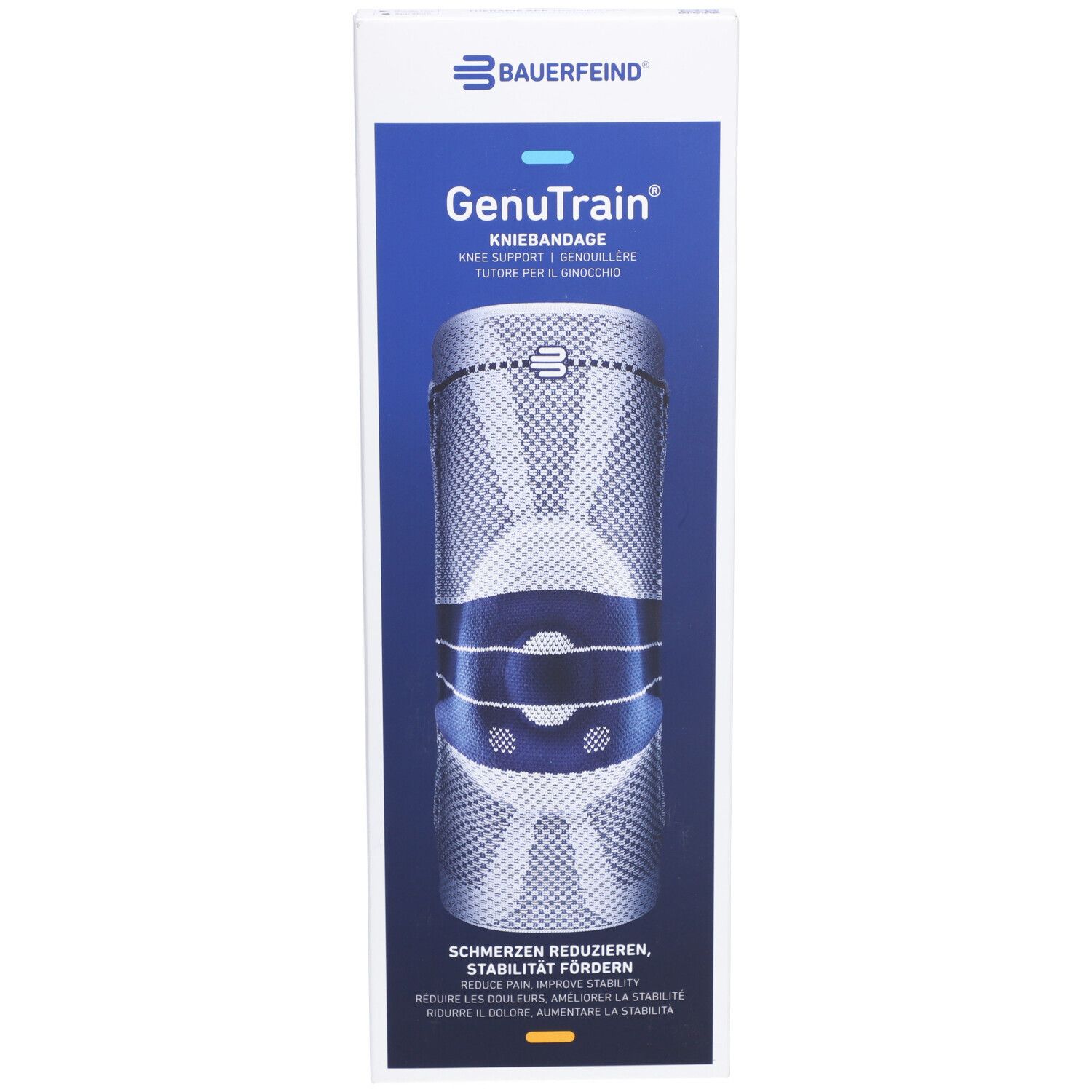 Kniebandage in Verpackung. Blau-weißes Design mit Produktnamen und Text. Marke BAUERFEIND® sichtbar.
