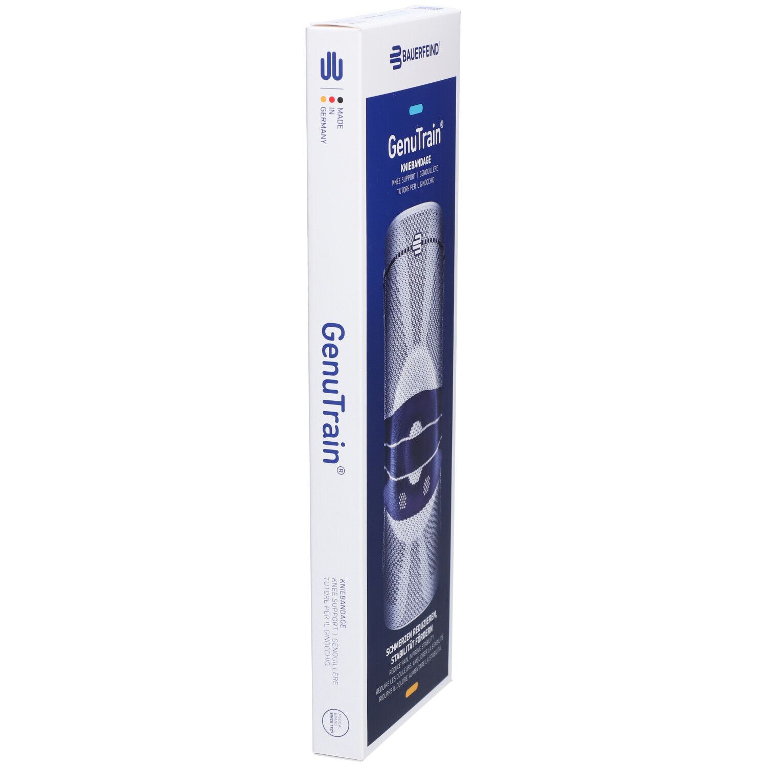 Schmale Verpackung der Bauerfeind GenuTrain Kniebandage. Blau-weißes Design. Text: GenuTrain, Kniebandage.