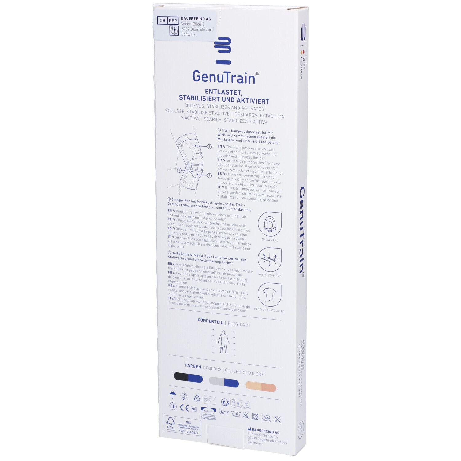 Rückseite der Verpackung der Bauerfeind GenuTrain Kniebandage. Text und Illustrationen zur Anwendung und Eigenschaften.