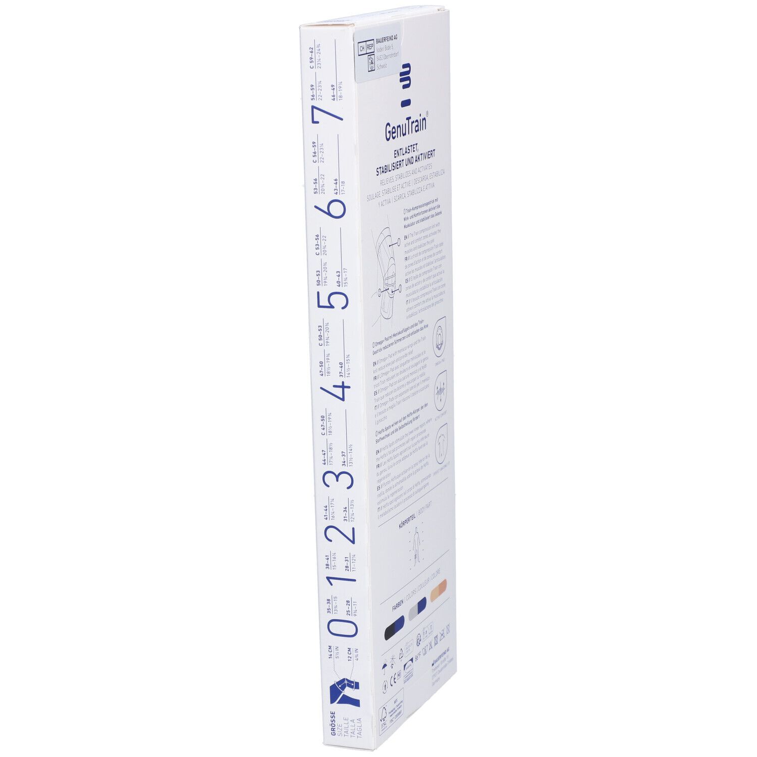 Schmale Verpackung der Bauerfeind GenuTrain Kniebandage. Text und Illustrationen zur Anwendung und Eigenschaften.