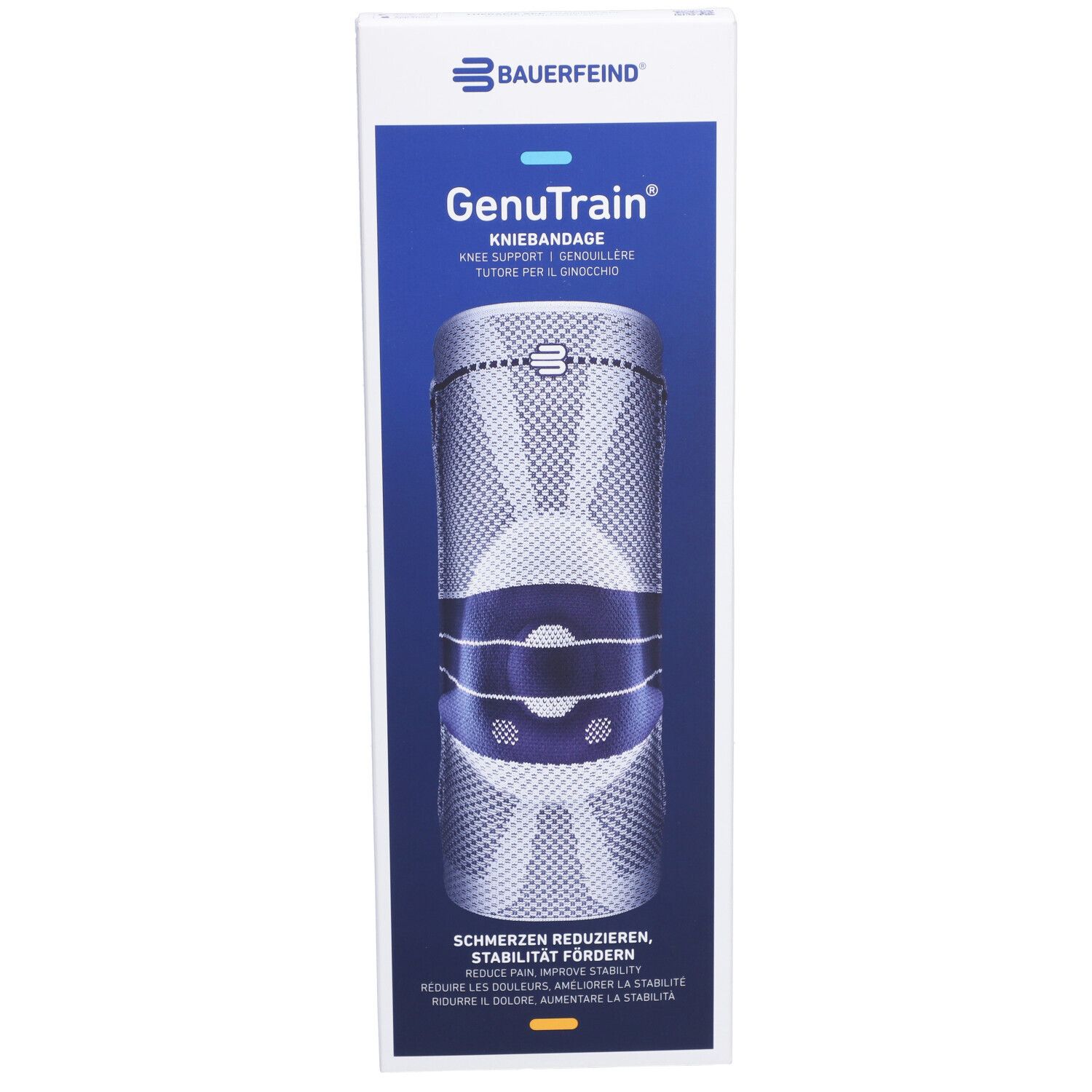 Bauerfeind GenuTrain Kniebandage in Verpackung. Blau-weißes Design. Text: Schmerzen reduzieren, Stabilität fördern.