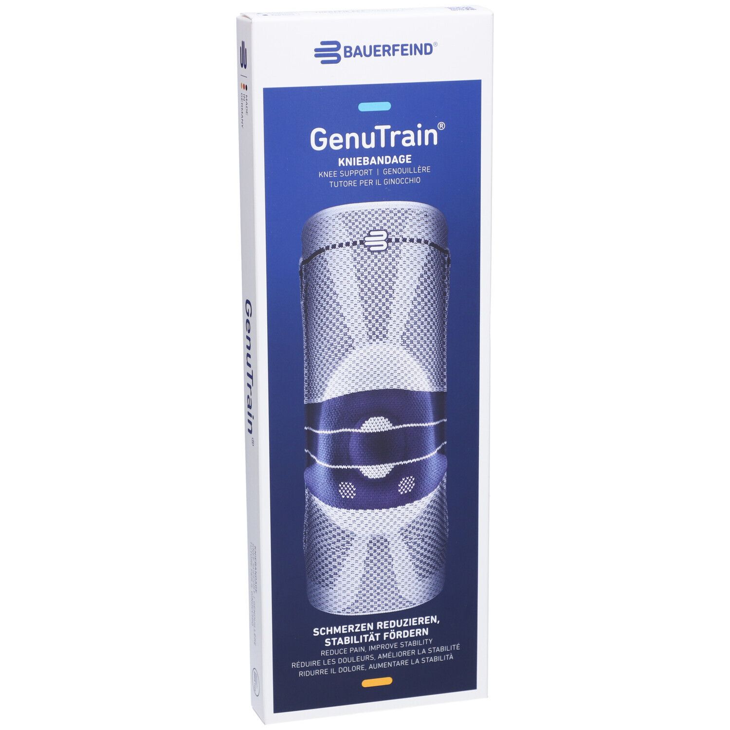 Bauerfeind GenuTrain Kniebandage in Verpackung. Blau-weißes Design. Text: Schmerzen reduzieren, Stabilität fördern.