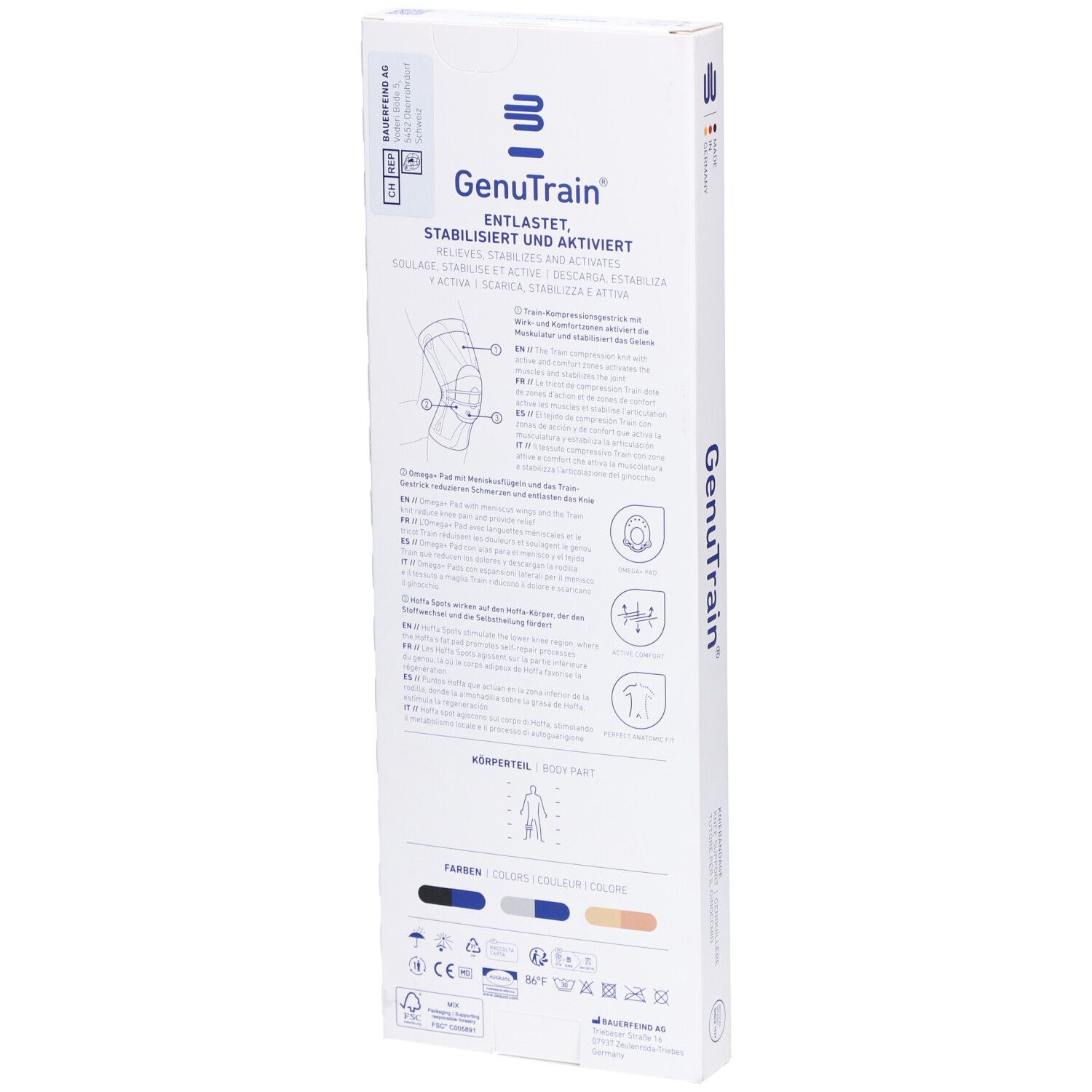 Rückseite der Verpackung der Kniebandage GenuTrain. Informationen zur Anwendung und Zertifizierungen.