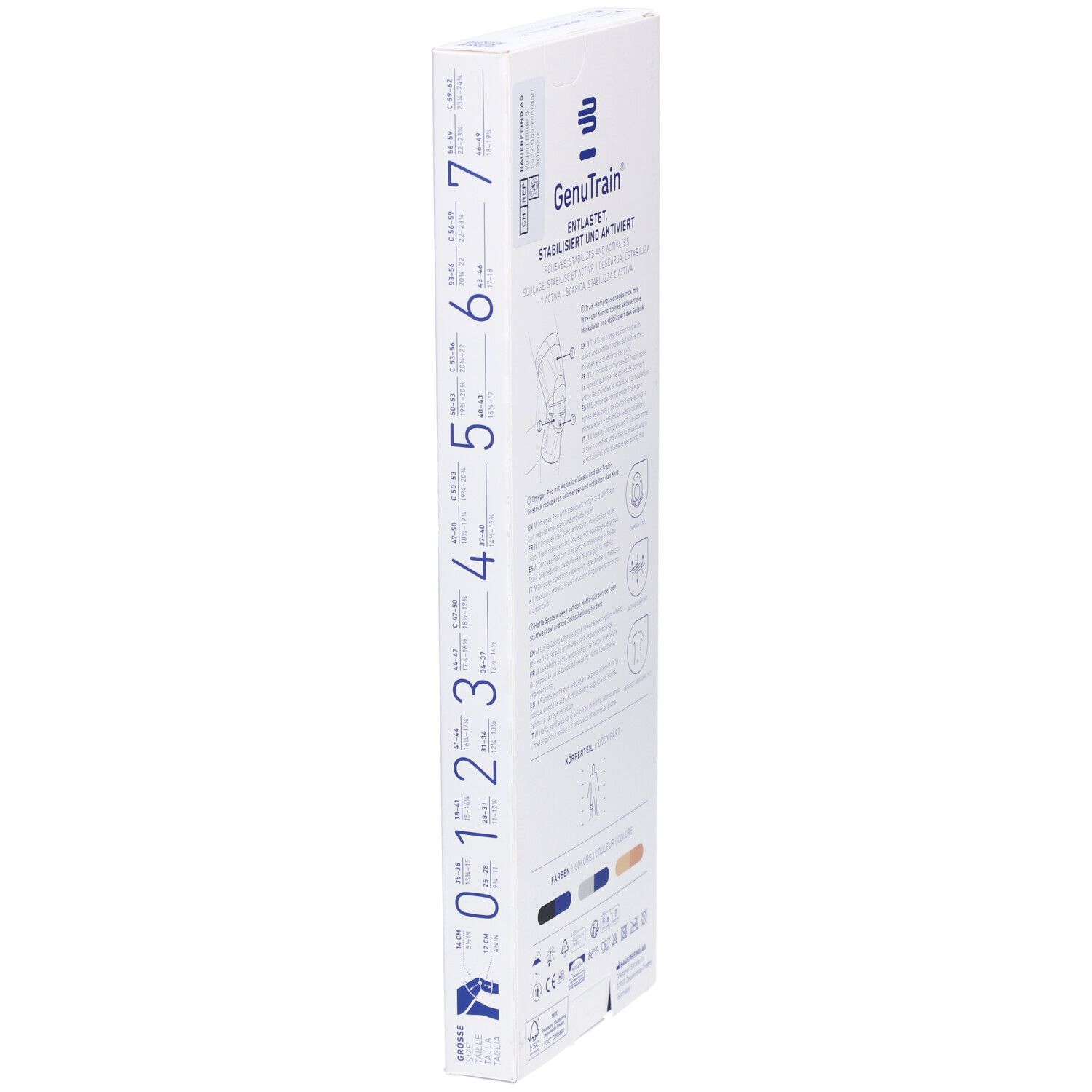 Schmale Rückseite der Verpackung der Kniebandage GenuTrain. Informationen und Größenangaben.