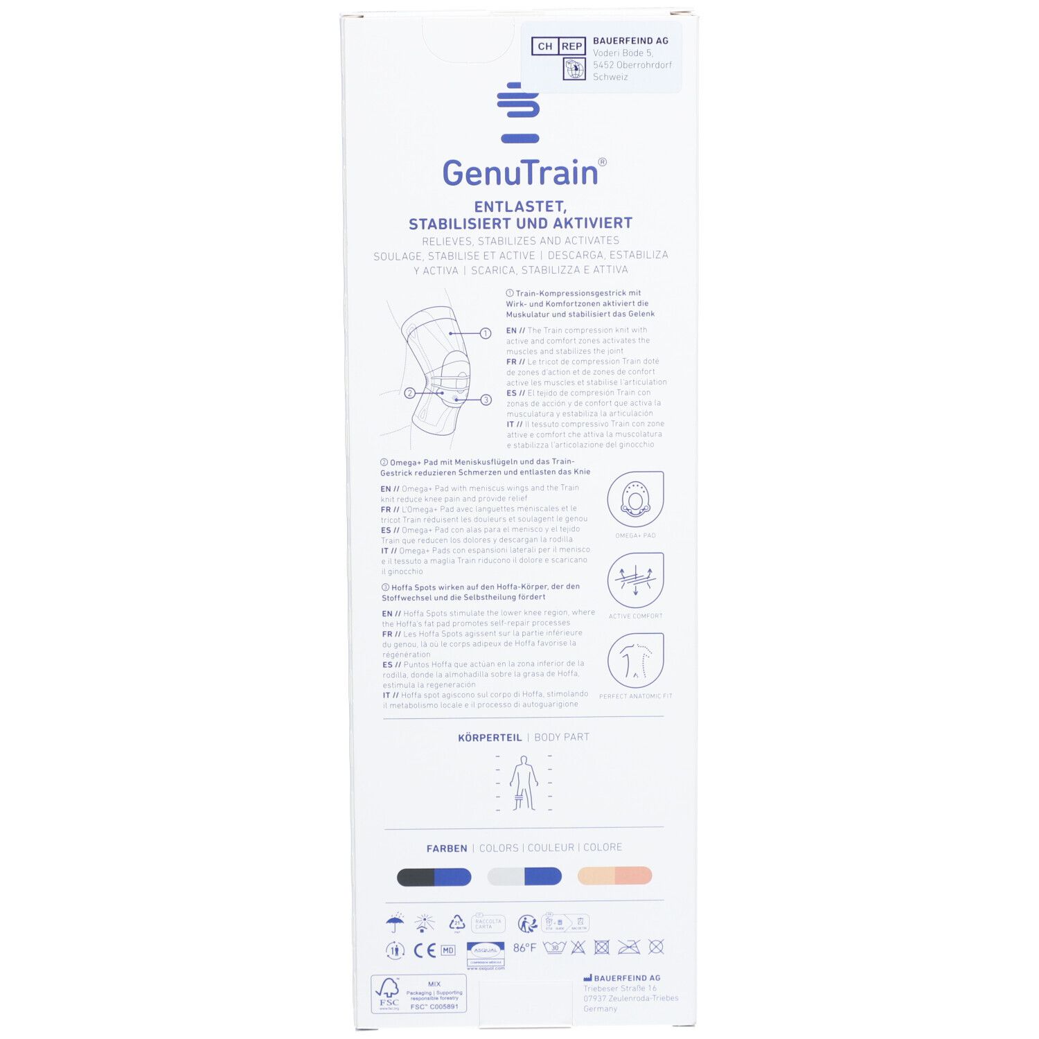 Rückseite der Verpackung der Kniebandage GenuTrain. Marke Bauerfeind. Text: Entlastet, stabilisiert und aktiviert. Illustrationen und Piktogramme.