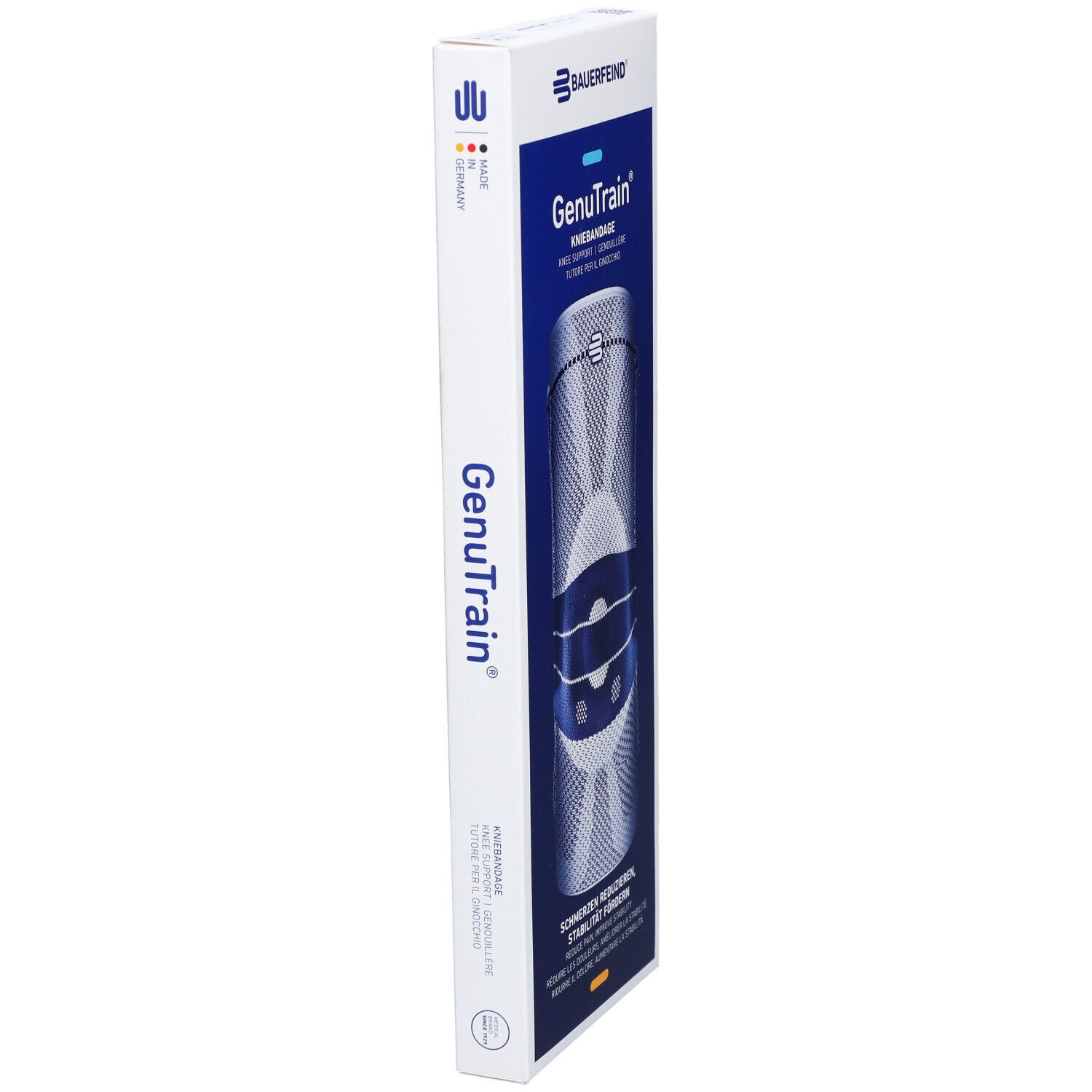 Emballage fin avec genouillère. Marque Bauerfeind, produit GenuTrain. Accents bleus et blancs.