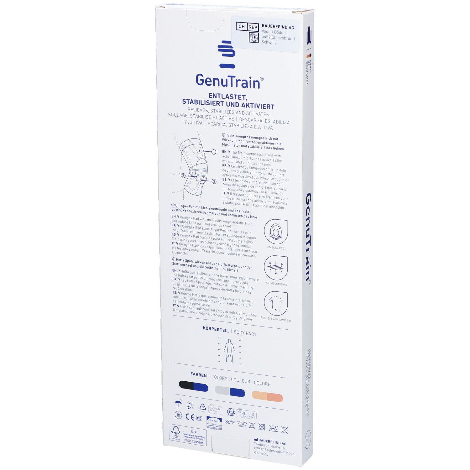 Dos de l'emballage. Produit GenuTrain. Informations d'utilisation et choix de couleurs. Marque Bauerfeind.