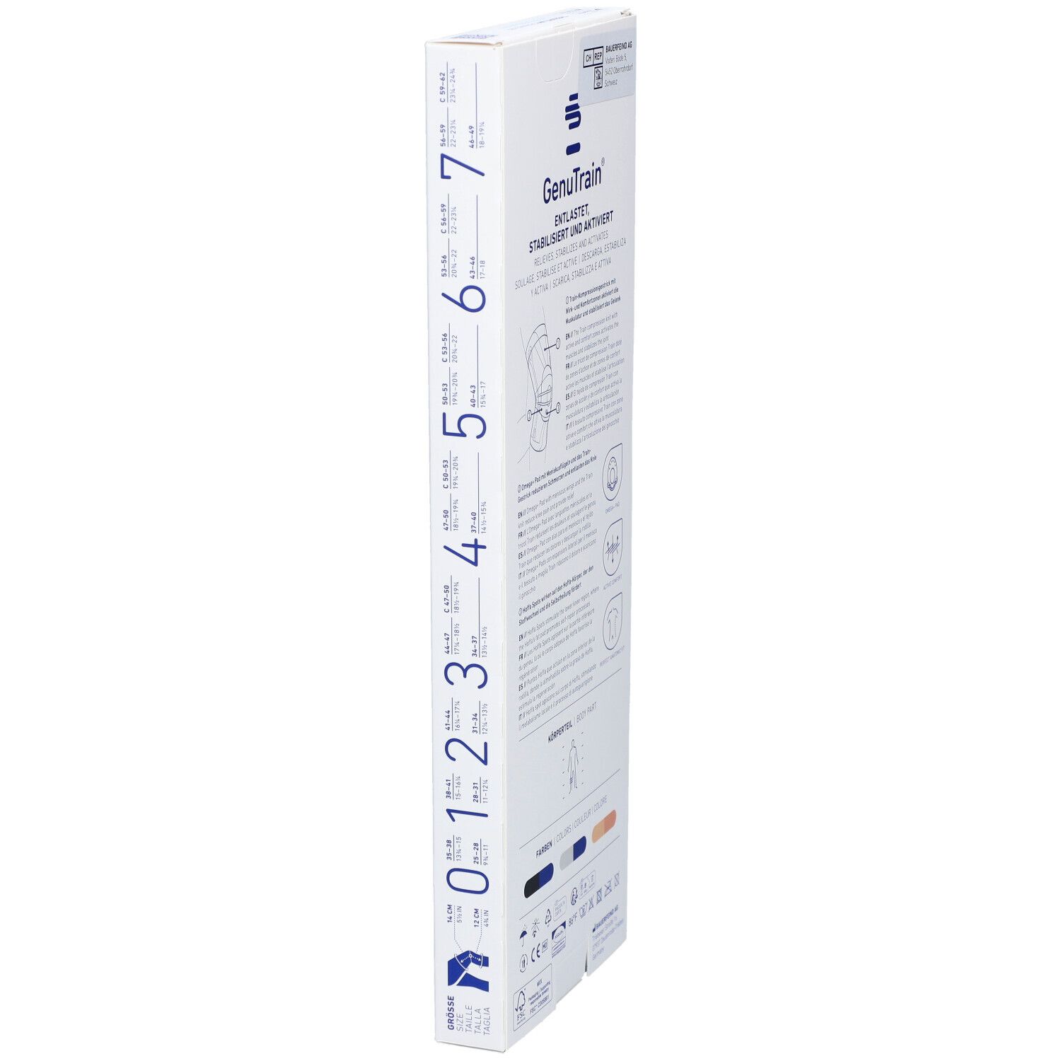 Emballage fin, côté avec indications de taille. Produit GenuTrain. Échelle de mesure.