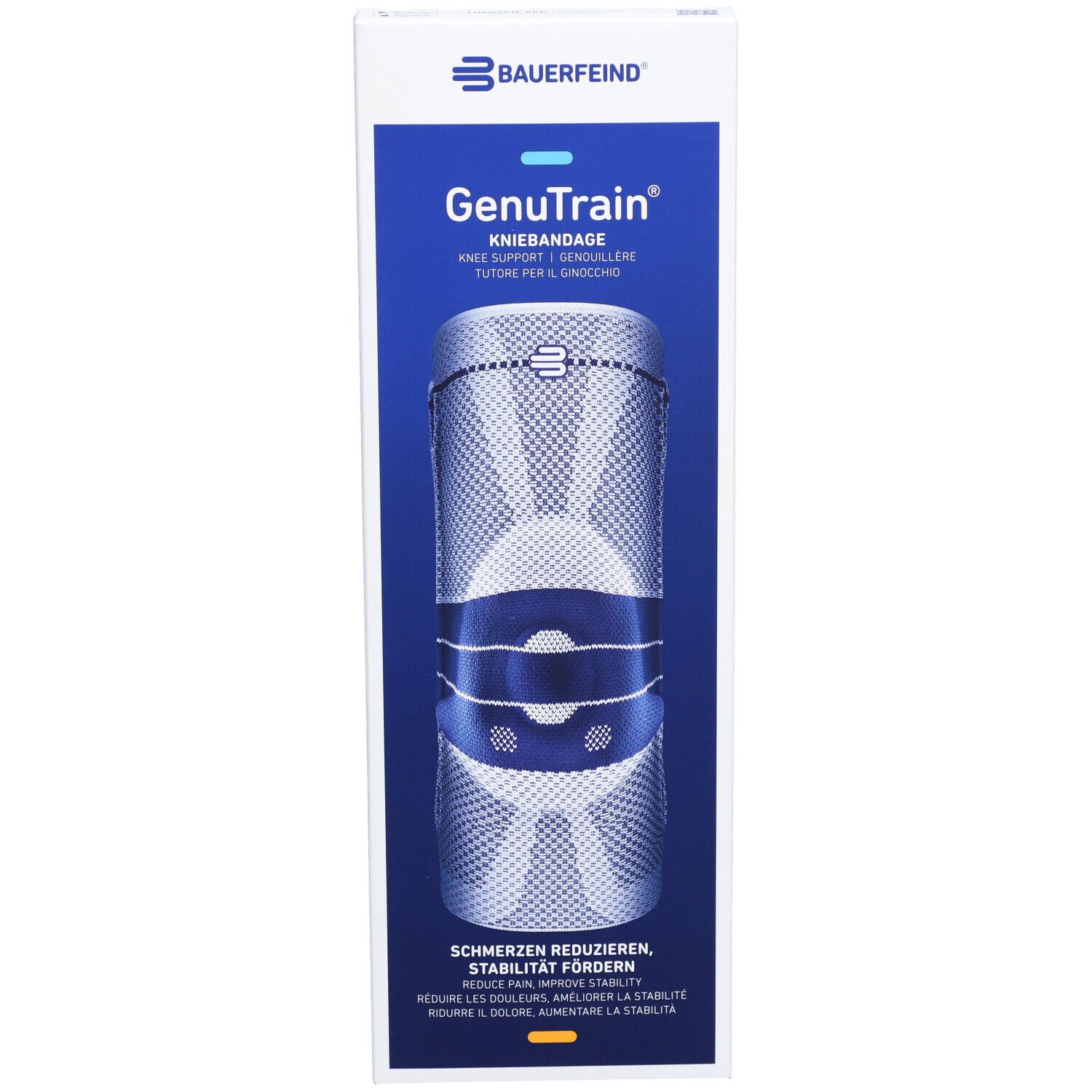 Emballage de genouillère Bauerfeind GenuTrain. Texte: Réduire la douleur, améliorer la stabilité. Support de genou.