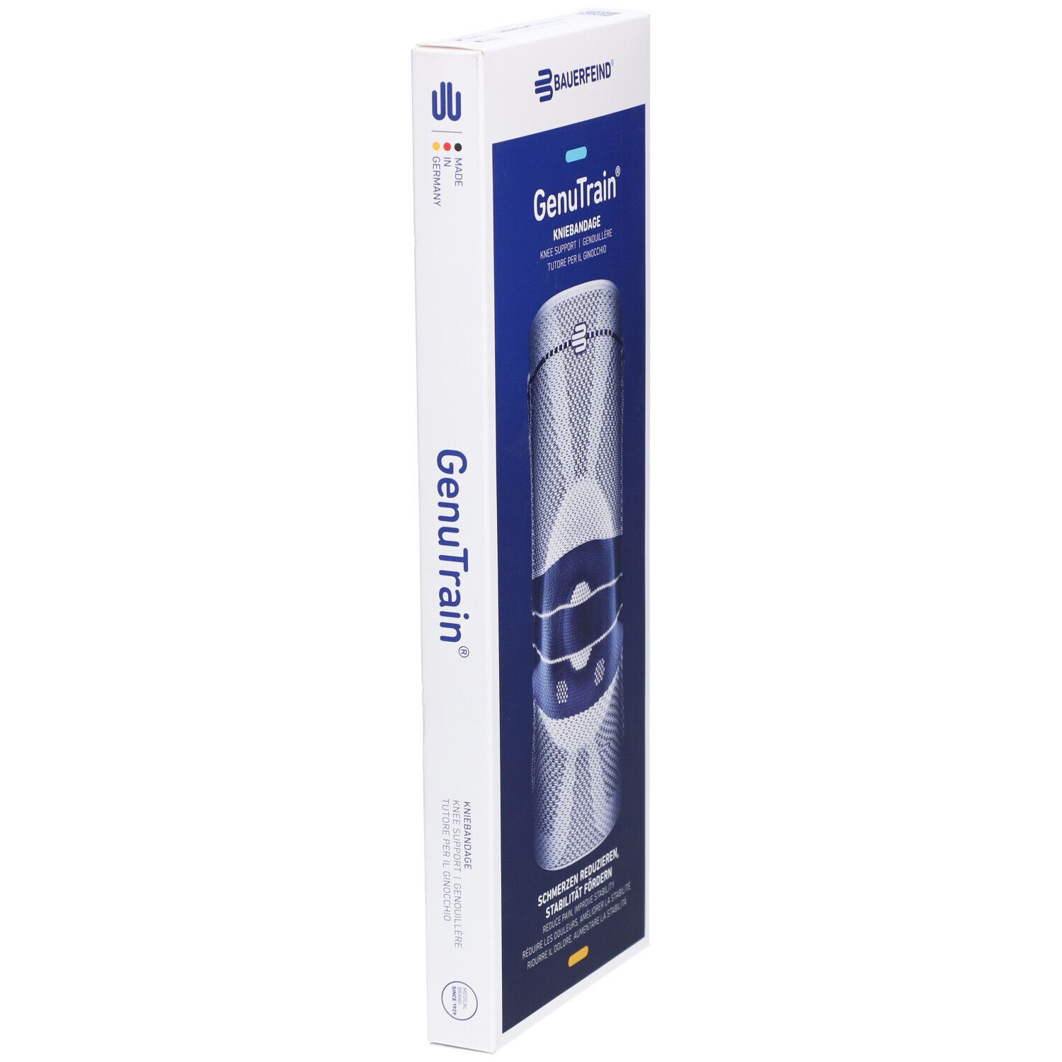 Schmale Verpackung der GenuTrain Kniebandage. Blau-weißes Design, Größenangabe. Marke Bauerfeind. Hergestellt in Deutschland.