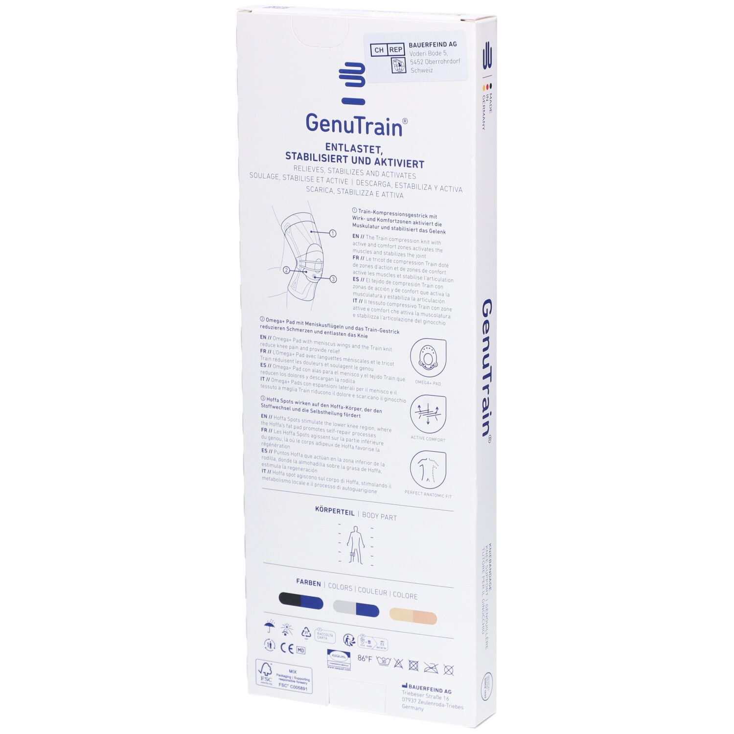 Rückseite der GenuTrain Kniebandage Verpackung. Produktinformationen, Größenangaben, Piktogramme. Marke Bauerfeind.