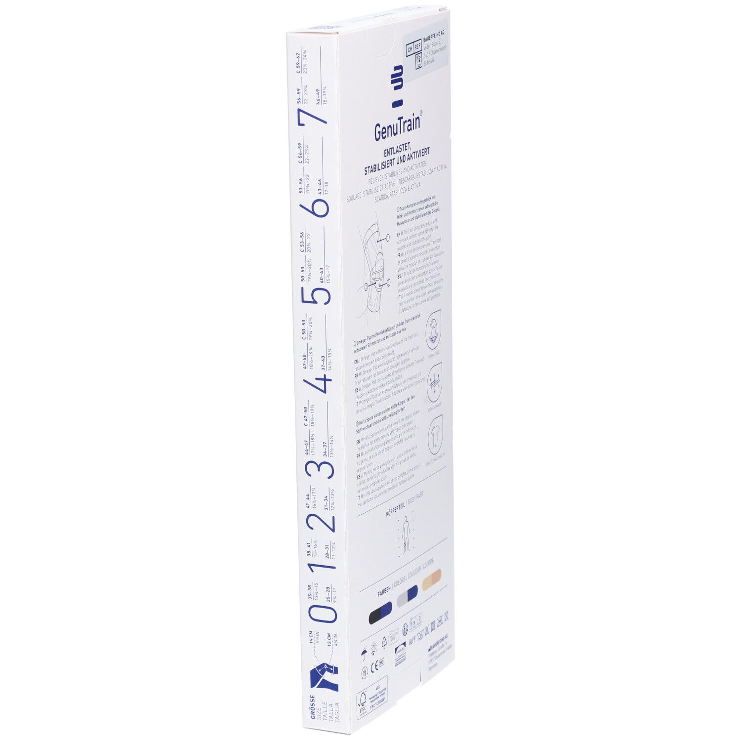Schmale Verpackung der GenuTrain Kniebandage. Größenangaben, Piktogramme. Marke Bauerfeind. Produktinformationen.