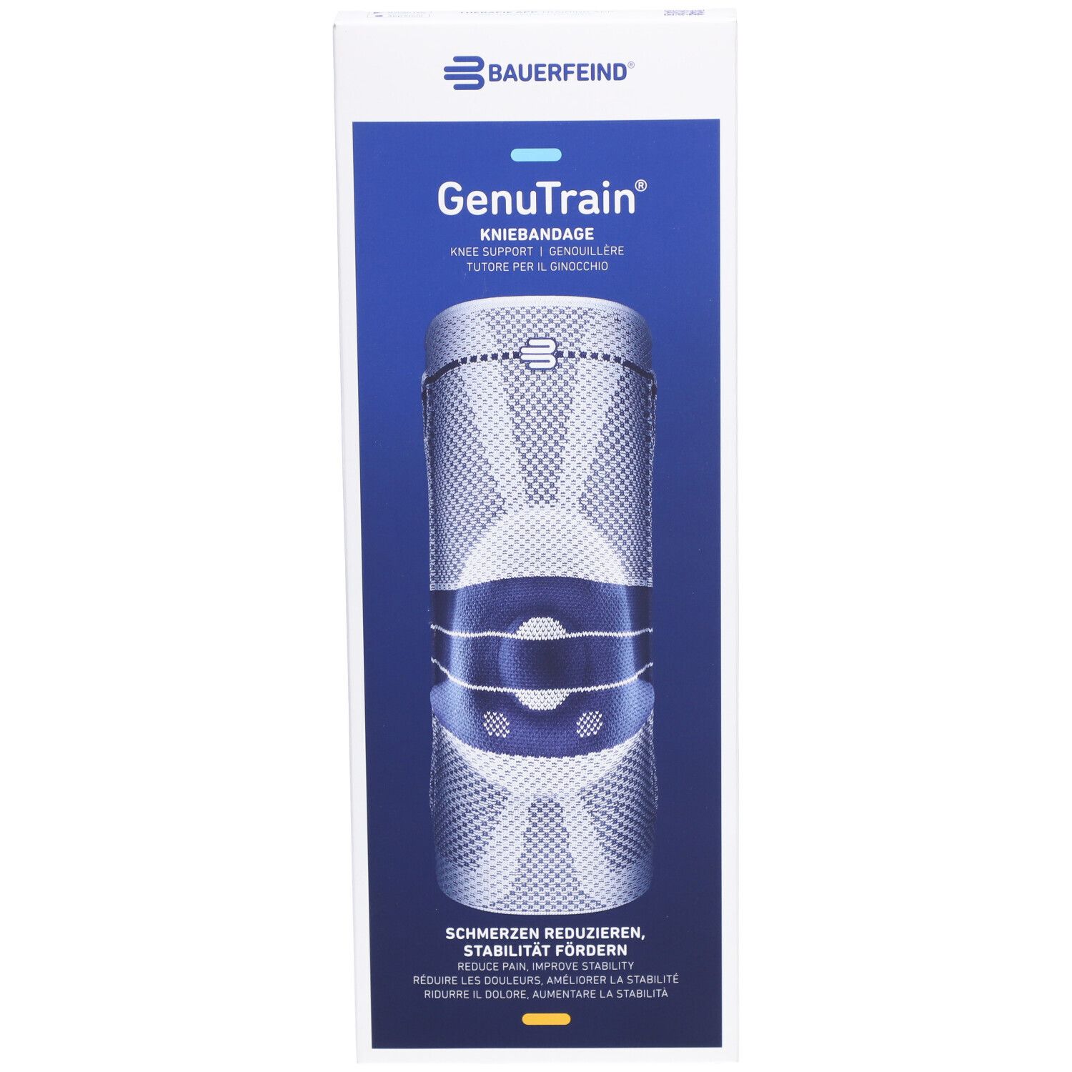 Bauerfeind GenuTrain Kniebandage in Verpackung. Blau-weißes Design, Größenangabe. Text: Schmerzen reduzieren, Stabilität fördern.