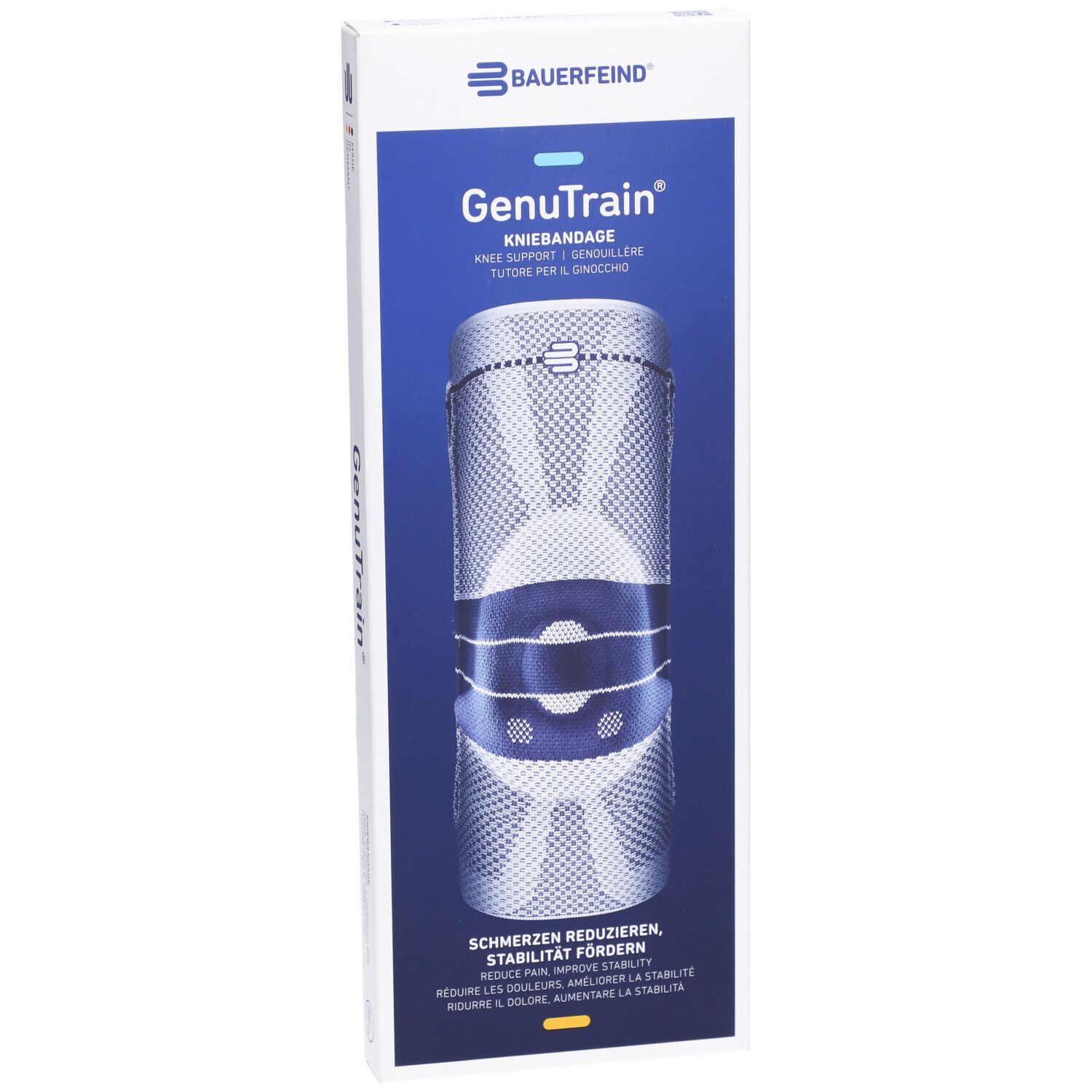 Bauerfeind GenuTrain Kniebandage in Verpackung. Blau-weißes Design, Größenangabe. Text: Schmerzen reduzieren, Stabilität fördern.