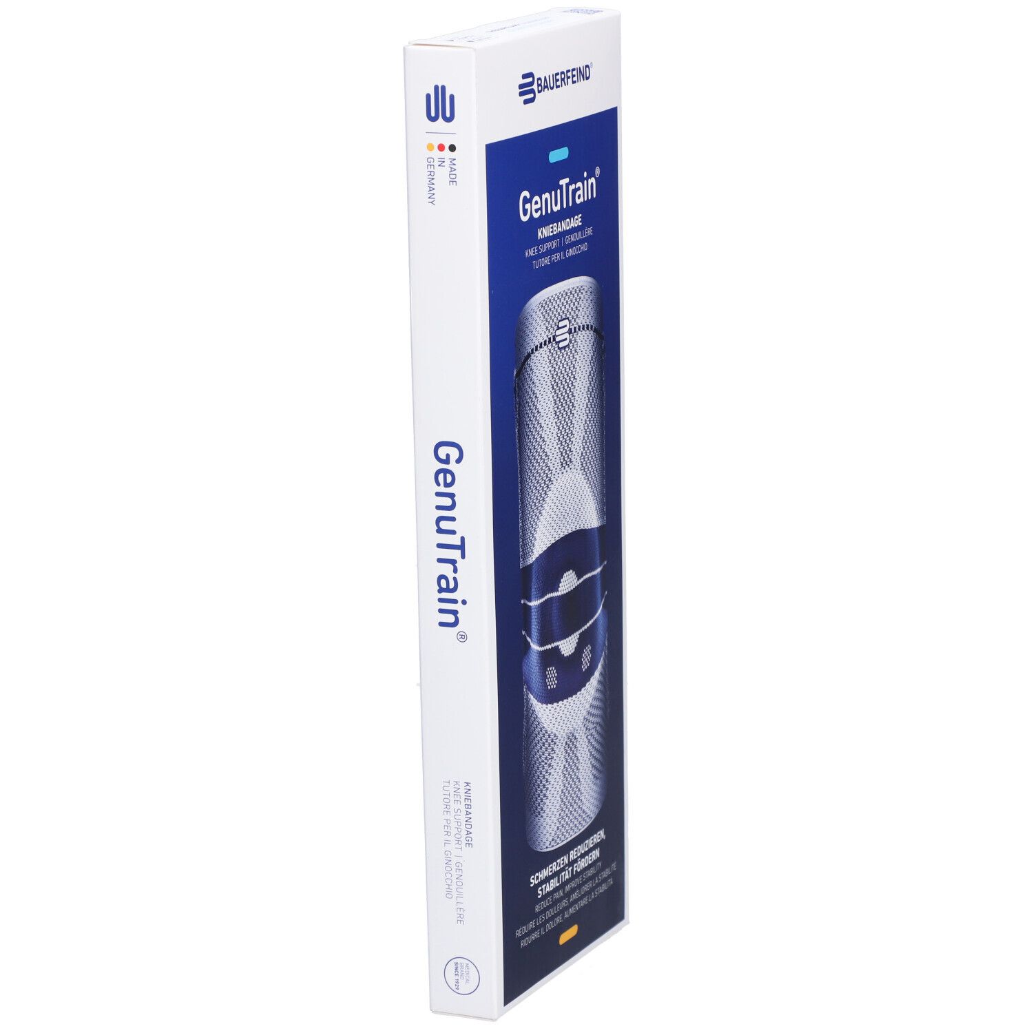Emballage produit étroit avec Bauerfeind GenuTrain. Nom du produit et logo sur l'emballage. Fabriqué en Allemagne.