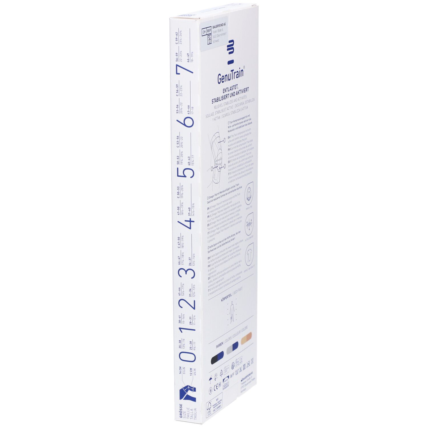 Emballage produit étroit, dos avec informations sur la genouillère Bauerfeind GenuTrain. Indications de taille et pictogrammes.