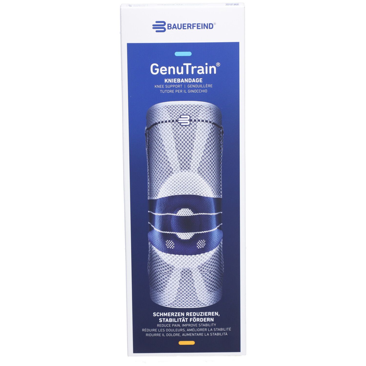 Bande de genou Bauerfeind GenuTrain dans son emballage. Vue du produit. Indications de taille sur l'emballage.