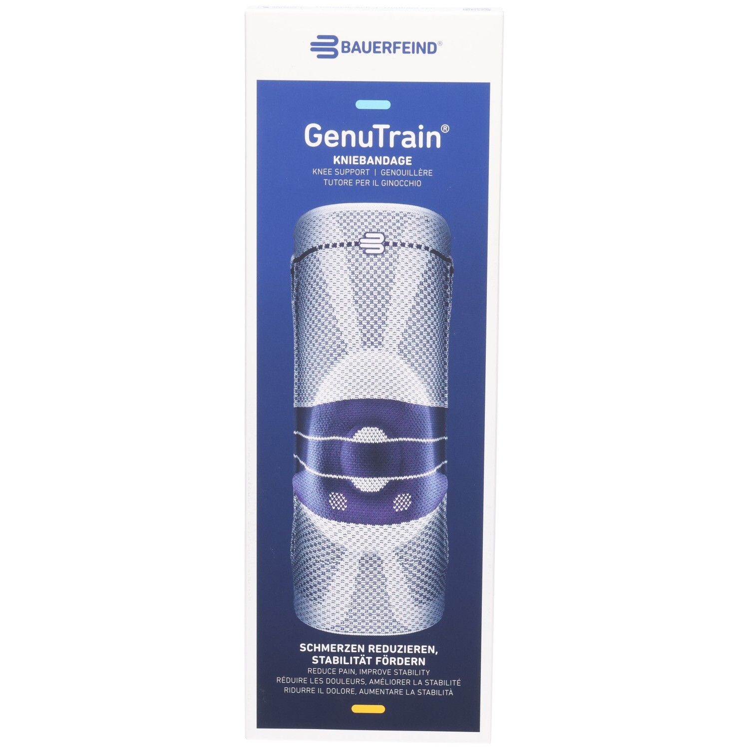 Bauerfeind GenuTrain genouillère : Soulage la douleur, favorise la stabilité. Structure en maille avec accents bleus.