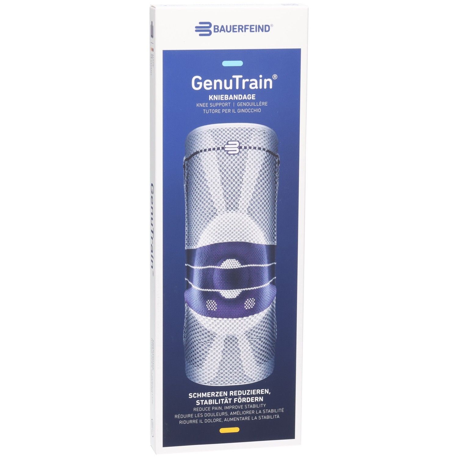 Bauerfeind GenuTrain genouillère : Soulage la douleur, favorise la stabilité. Structure en maille avec accents bleus.